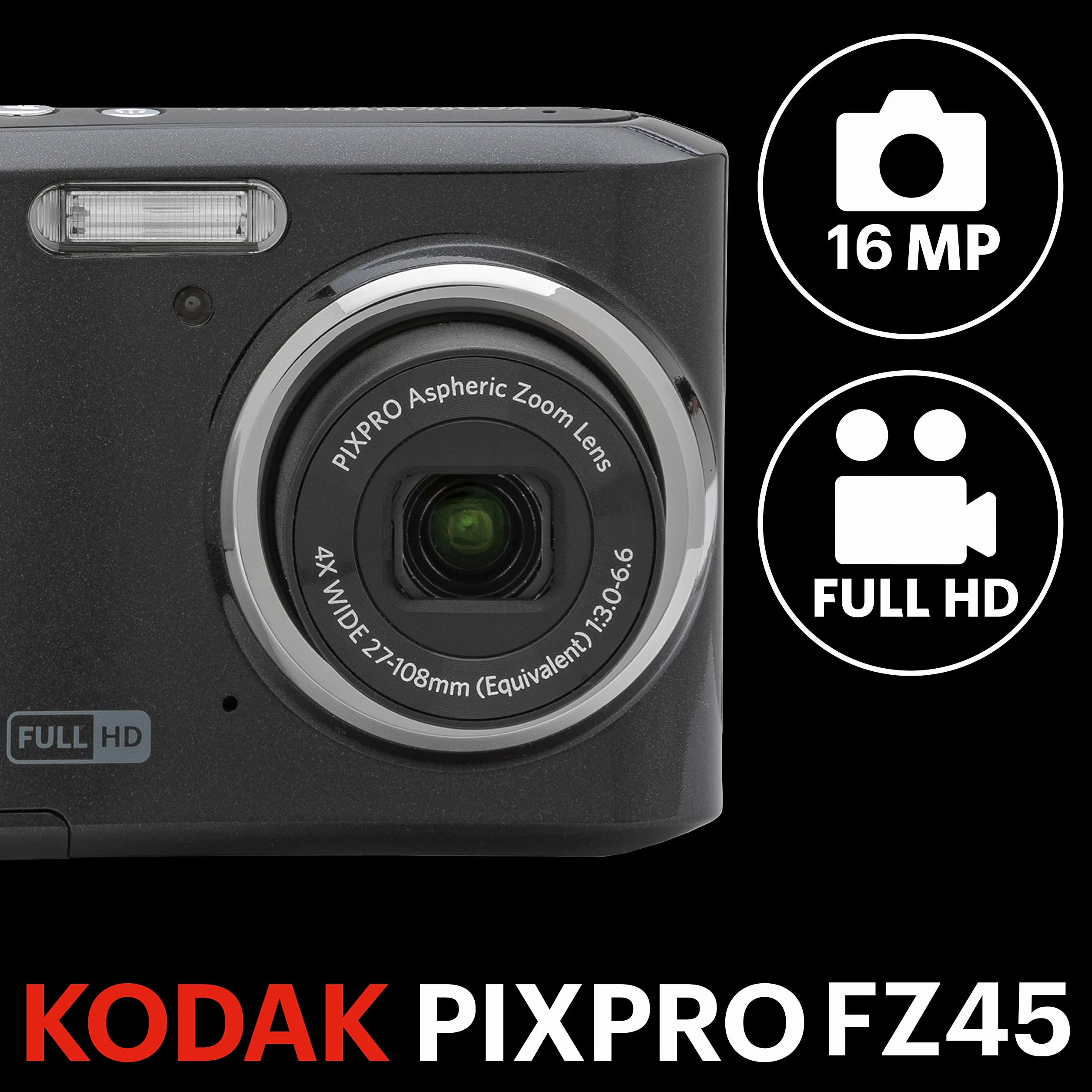 KODAK PIXPRO Friendly Zoom FZ45-BK aparat cyfrowy 16 MP z 4-krotnym zoomem optycznym, szerokokątnym 27 mm i ekranem LCD 6.9 cm (czarny)