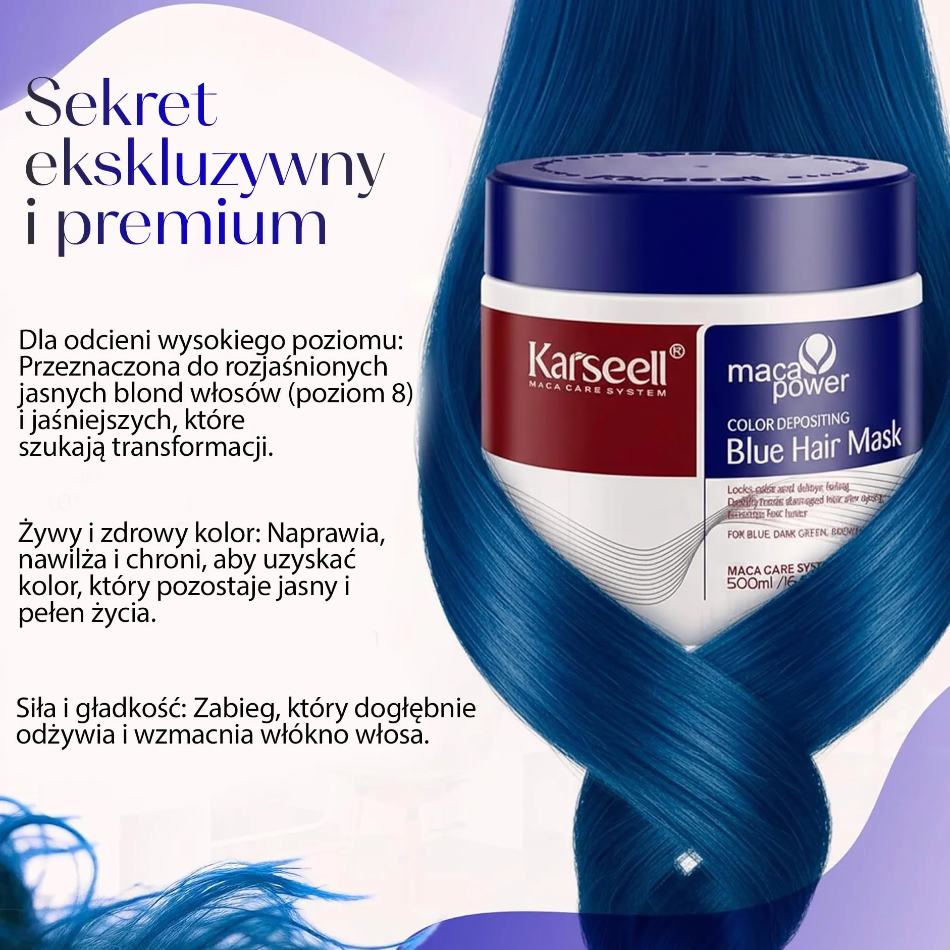 Karseell MACA CARE SYSTEM Maska do włosów z niebieskim pigmentem Tonacja Odświeżanie koloru Wzmocnione chłodne odcienie niebieskich barw Hydratuje Naprawia Przeciwko puszeniu się Dla suchych