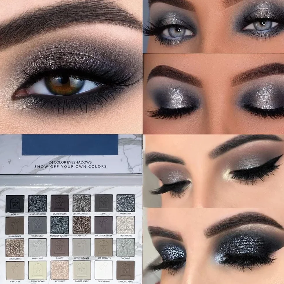 24 kolorów czarno-szare paleta cieni do powiek Smokey, matowe cienie do powiek Smoky, błyszczące, wysoko pigmentowane podstawowe cienie do powiek w kolorach czarny, biały, szary, do makijażu na
