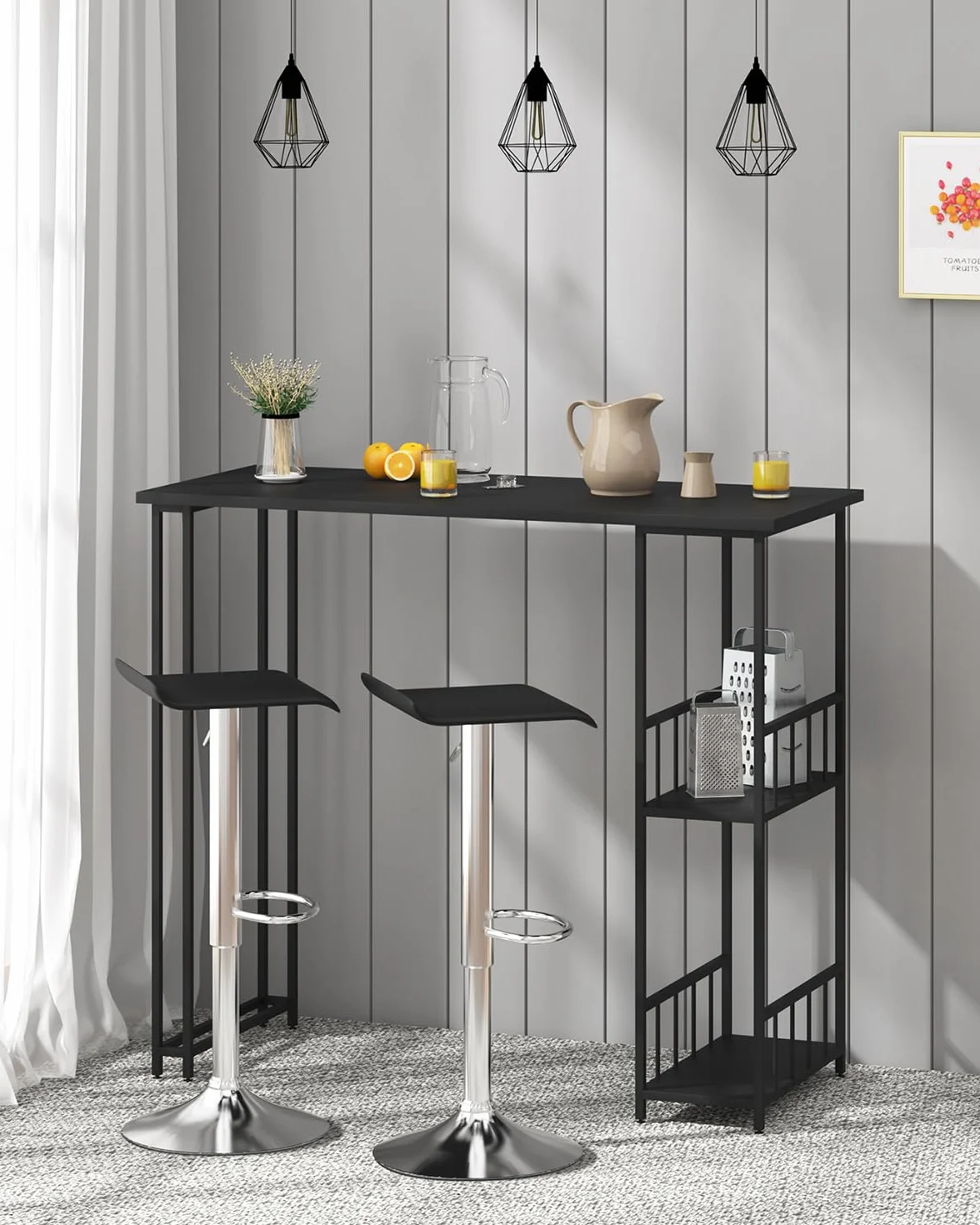WOLTU BT25sz Stolik Barowy Bistro 120x50x105 cm Czarny Metalowy Stelaż MDF 2 Półki
