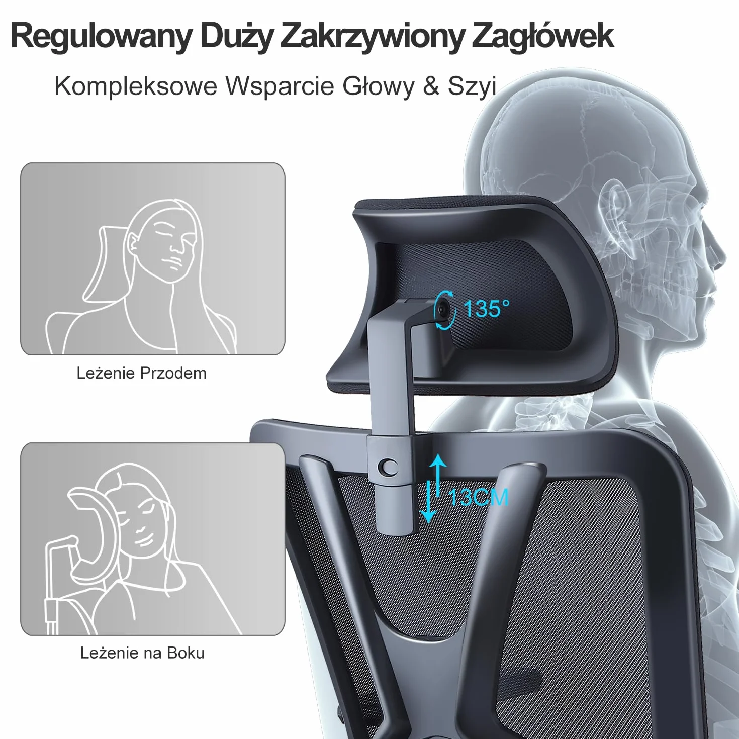 Ticova Ergonomiczne krzesło biurowe z wysokim oparciem, regulowanym podparciem lędźwiowym, zagłówkiem i podłokietnikiem 3D
