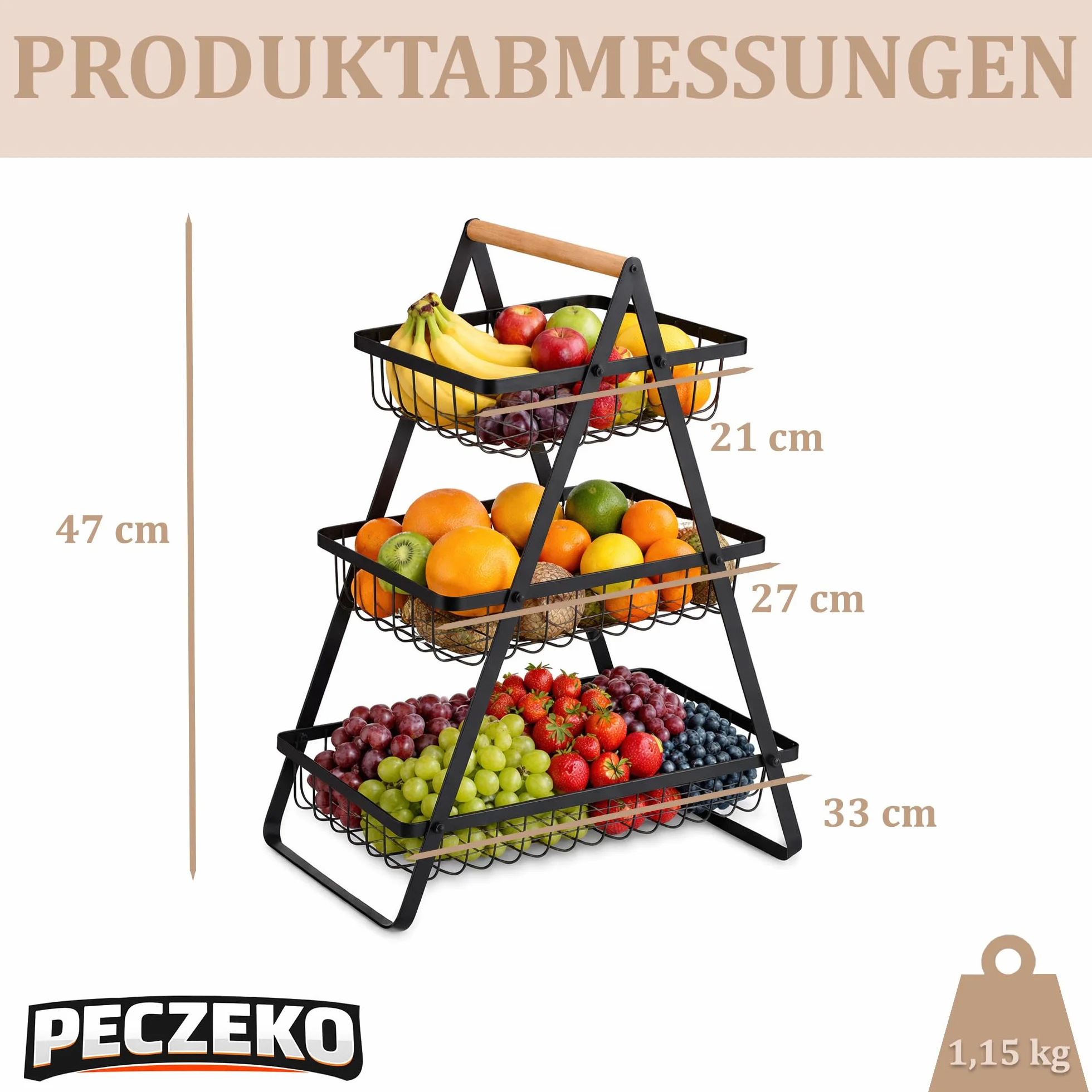Kosz na owoce PECZEKO z trzema poziomami – oszczędzająca miejsce metalowa misa na owoce i stojak na owoce z drewnianym uchwytem – wytrzymały stojak na owoce do kuchni, na blat i stół, czarny