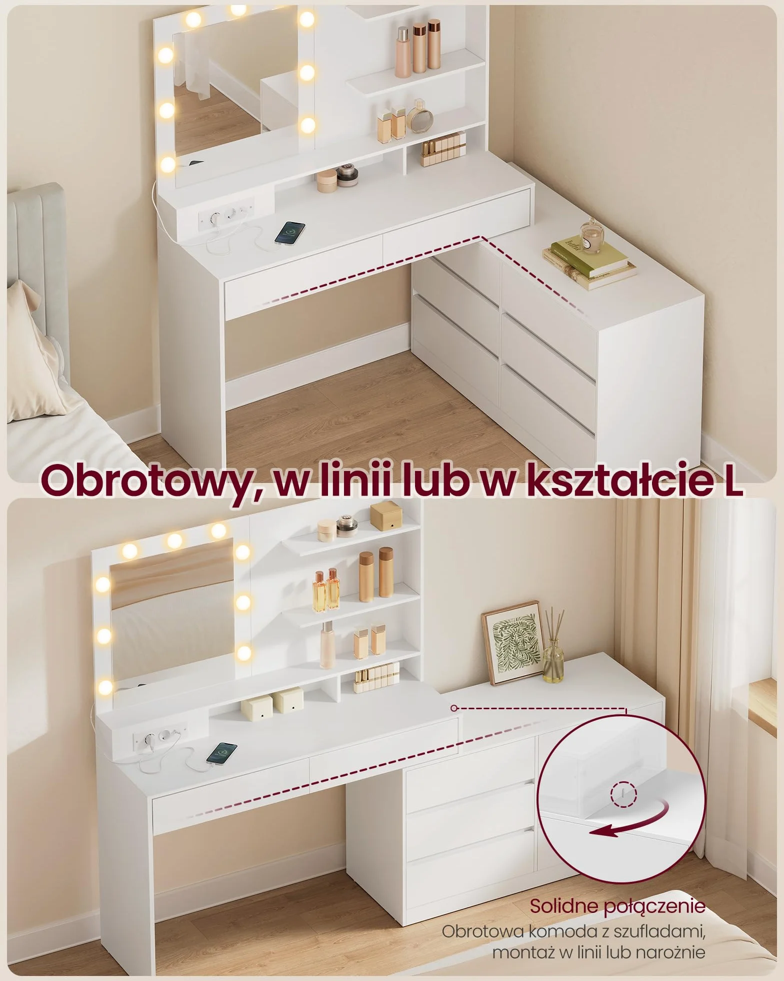 VASAGLE Toaletka z lustrem LED i gniazdkiem, regulowana jasność, 8 szuflad, 2 półki, kształt L, biała