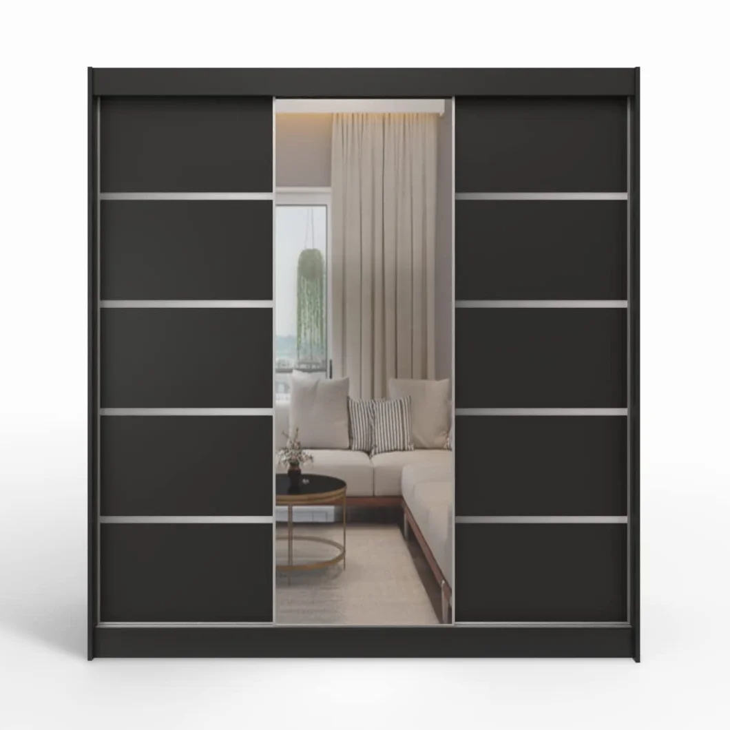 ML Furniture D6 Szafa z drzwiami przesuwnymi 200 cm z lustrem Czarny 3 drzwi