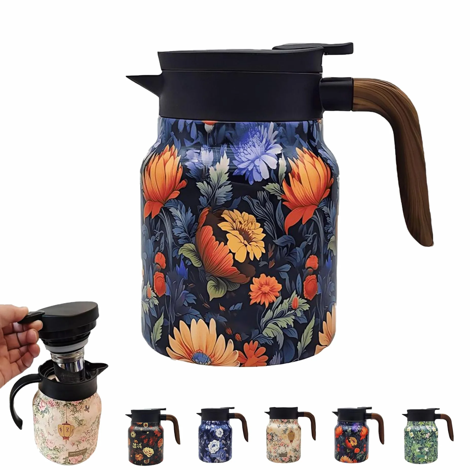 Raidley Vintage termos do herbaty z kwiatowym wzorem, 1000 ml, wielokolorowy, dzbanek do herbaty z zaparzaczem, mini dzbanek do kawy, karafka termiczna ze stali nierdzewnej z pokrywką, do gorących
