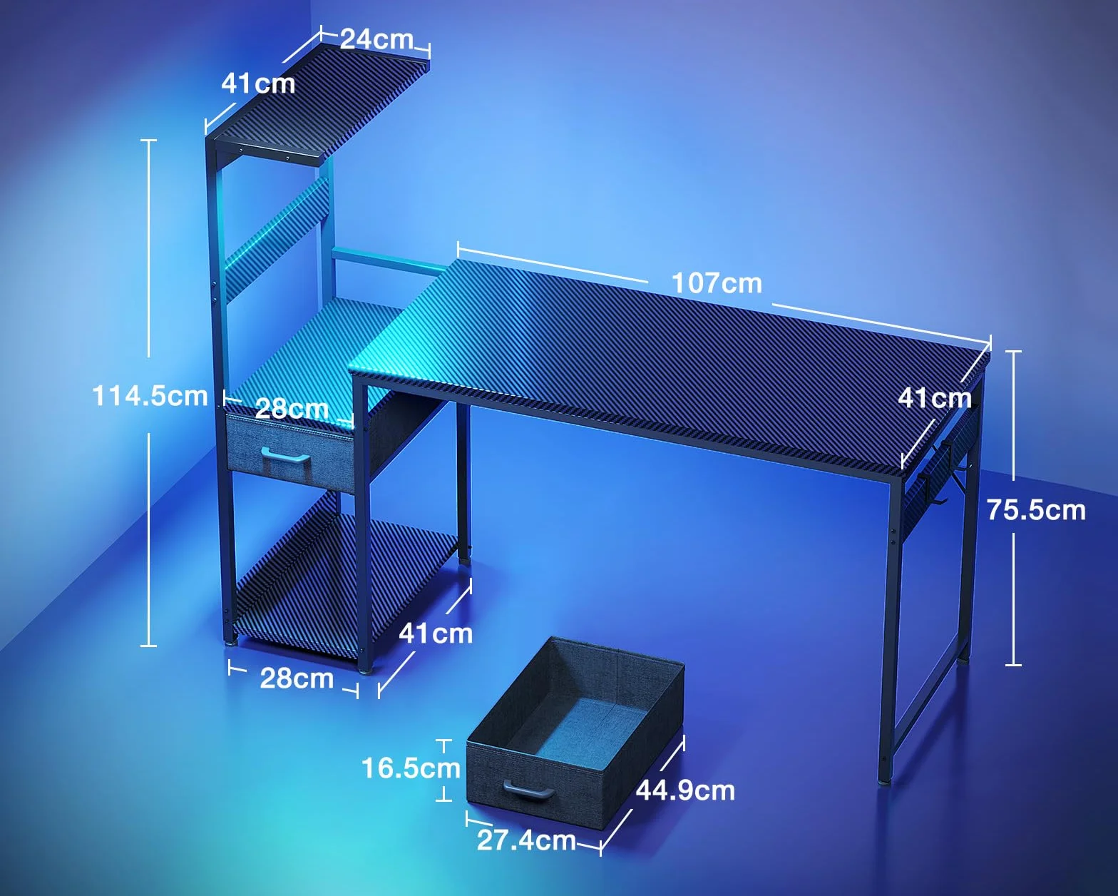 Coleshome Biurko gamingowe z oświetleniem LED, 138×48 cm, Czarne włókno węglowe