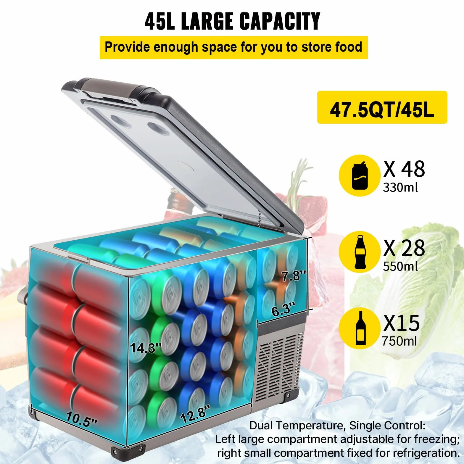 VEVOR Przenośna lodówka kompresyjna 45 l 693 x 345 x 456 mm 60 W