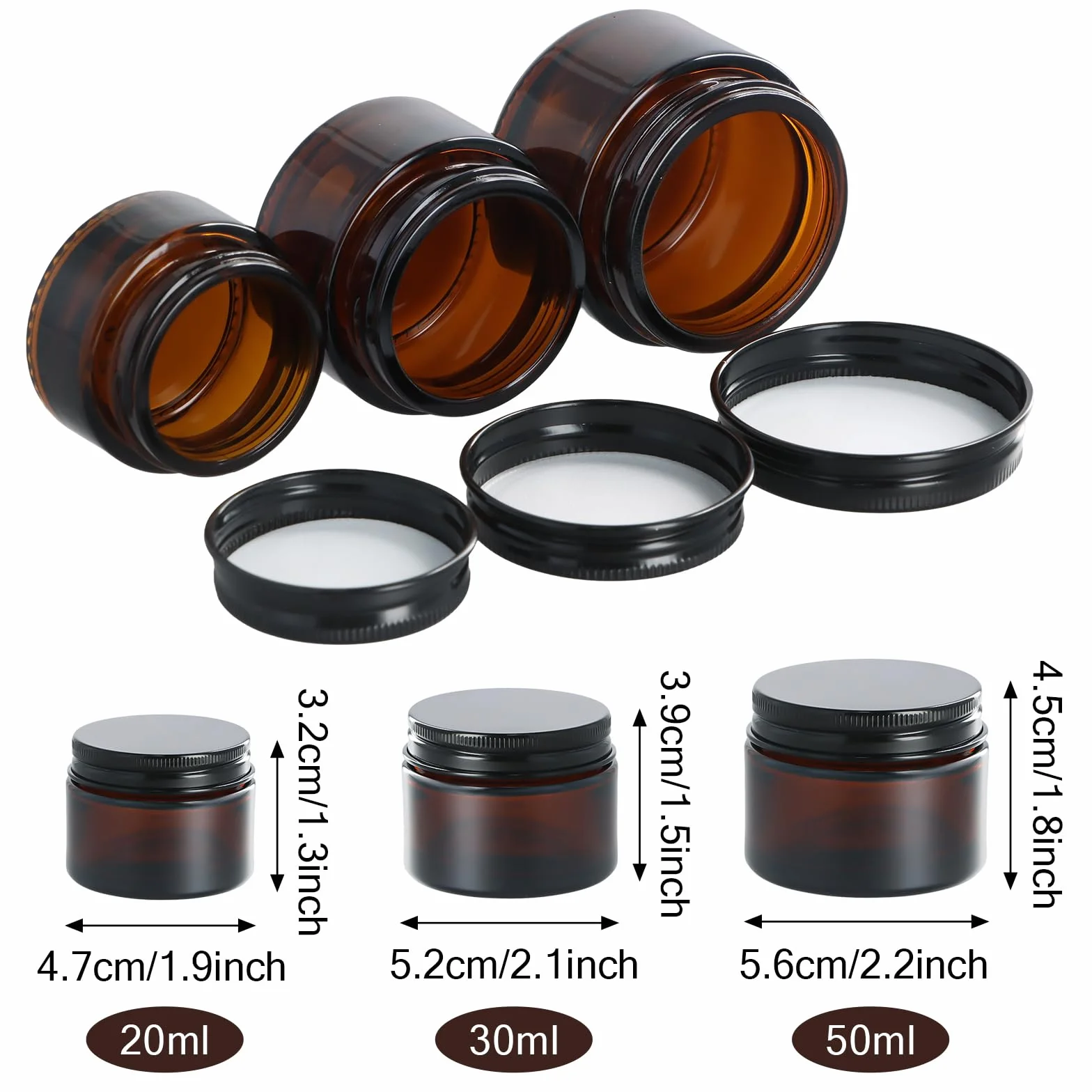 8 szt. Słoiki ze szkła bursztynowego 20 ml 30 ml 50 ml, podróżne, kosmetyczne słoiki z pokrywkami, 2 łyżki i klej, puste pojemniki na krem w proszku, odporny na promieniowanie UV, szczelność (20 ml+