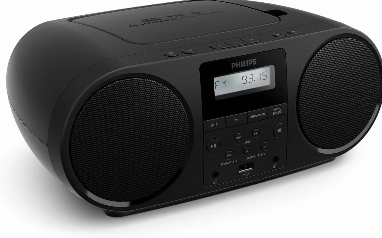 Philips Uniwersalny odtwarzacz CD TAZ5000 z radiem FM, Bluetooth 5.4, portami USB, dynamicznymi basami, gniazdem sluchawkowym 3,5 mm, zasilany z baterii/sieci (AC), wykonany z materialów z recyklingu