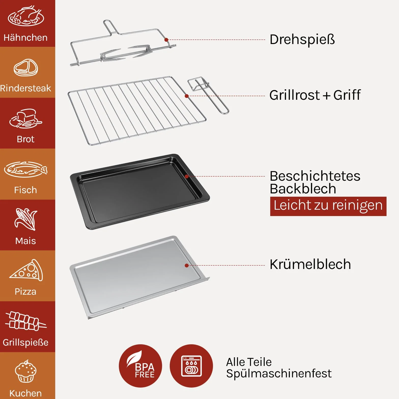 WOLTU mini piekarnik 32 litry, toster 1600 Watt | Piec do pizzy | Wyjmowana tacka na okruchy z minipiekarnikiem z timerem do pizzy, tostów, indyka, hot-dogów, czarny + czerwony