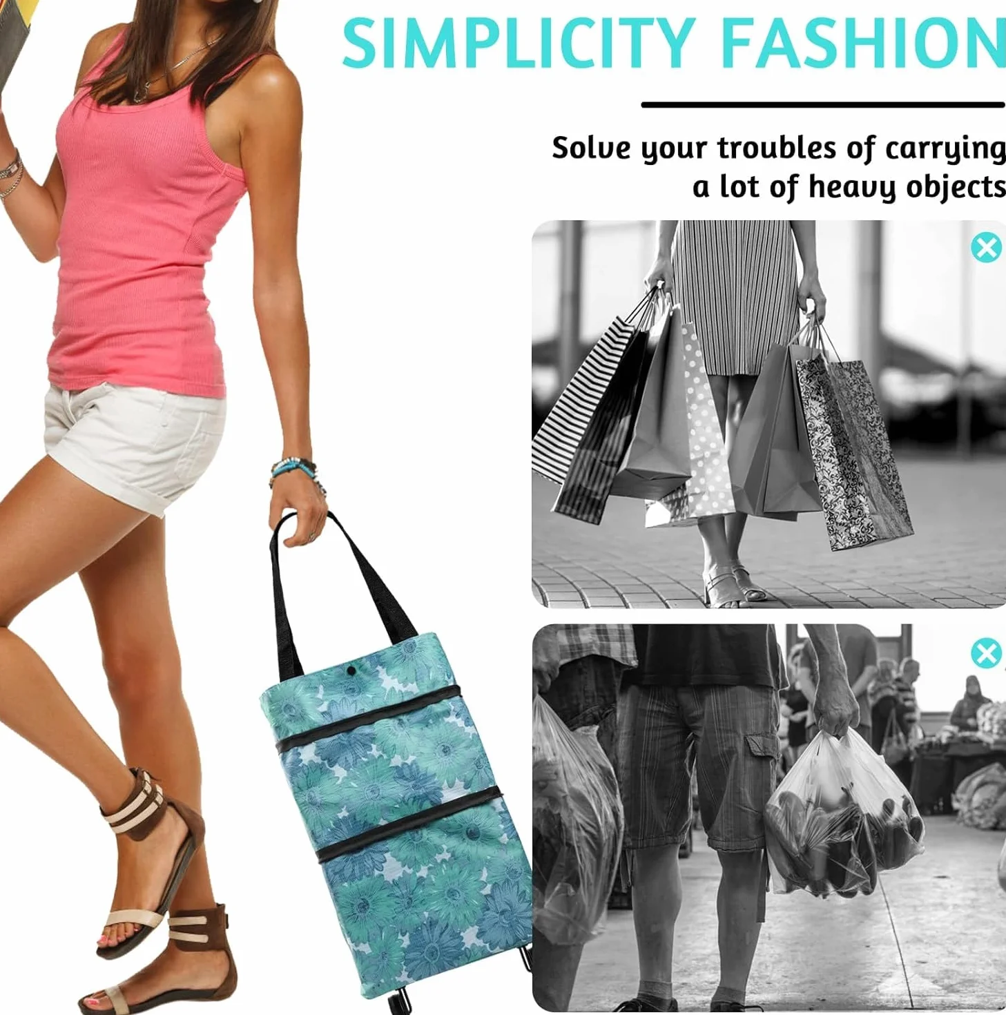 Składany wózek na zakupy, wózek wielokrotnego użytku 2 w 1, składana torba na zakupy z kółkami do supermarketów, zakupów do domu