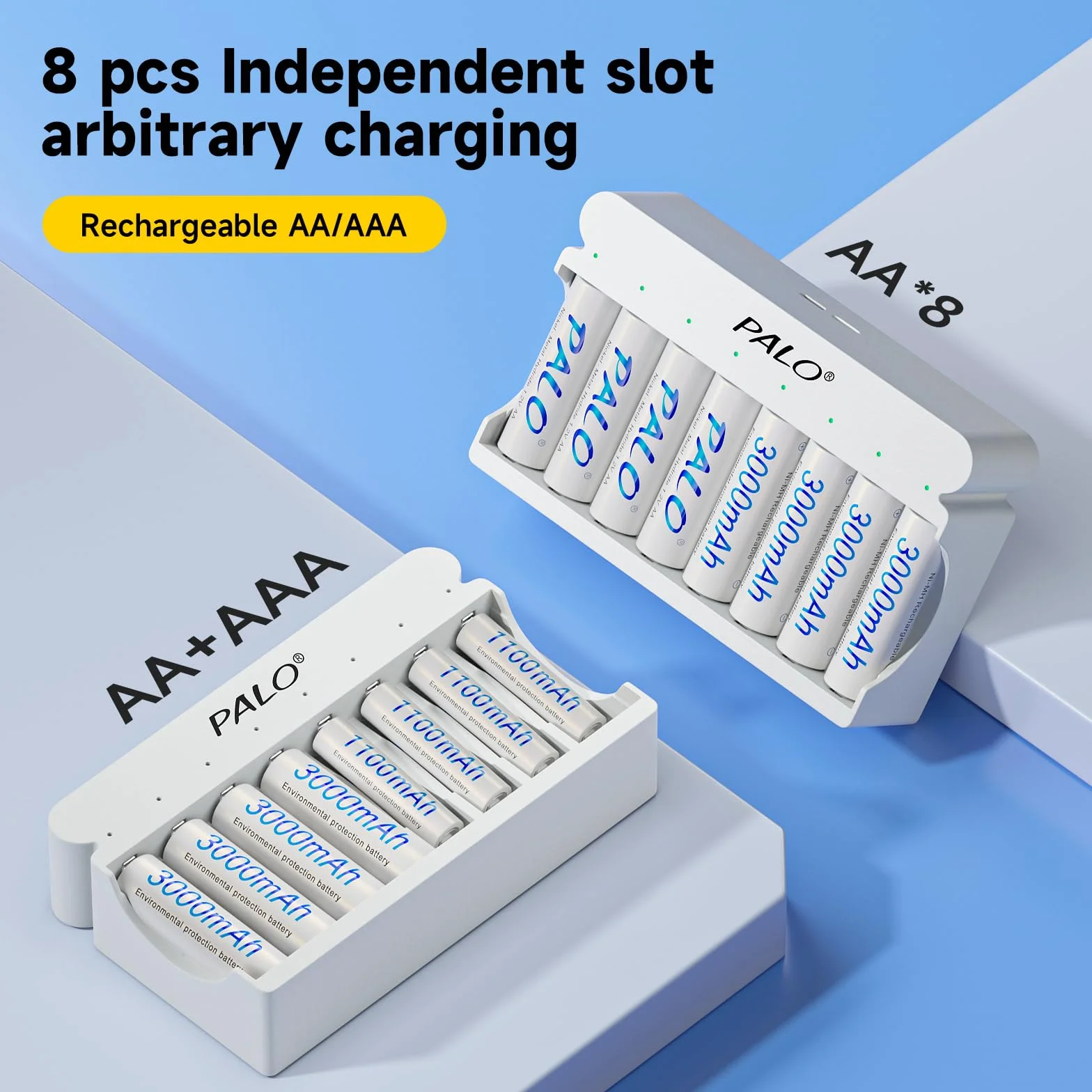 Akumulatory AA z ładowarką, 8 gniazd 5 V/2 A, przenośne szybkie ładowanie USB do akumulatorów Ni-MH 1,2 V, niezależne ładowanie, 12 akumulatorów AA z ładowarką
