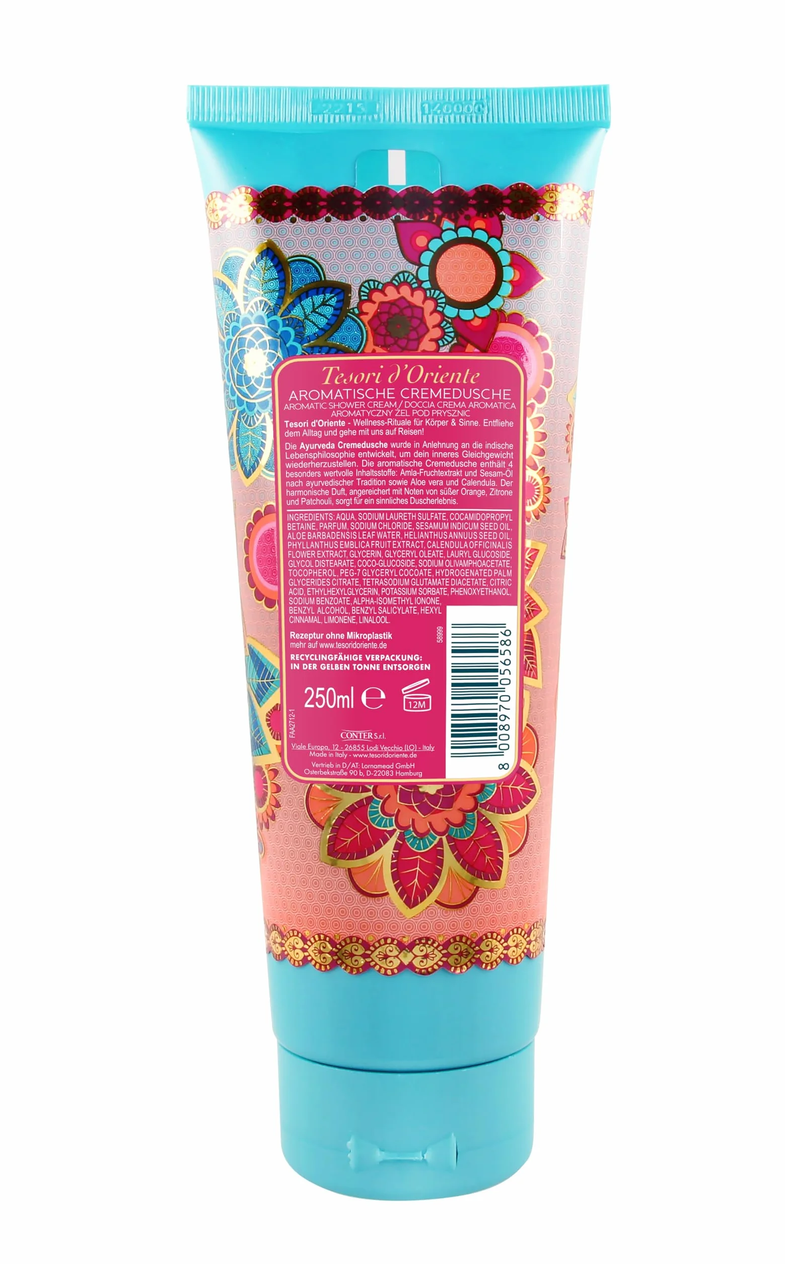 TESORI D'ORIENTE Kremowy żel pod prysznic "Ayurveda", 250 ml, aromatyczny żel pod prysznic z owocami amla i paczula, krem pod prysznic do pielęgnacji ciała, rytuał dla ciała i zmysłów