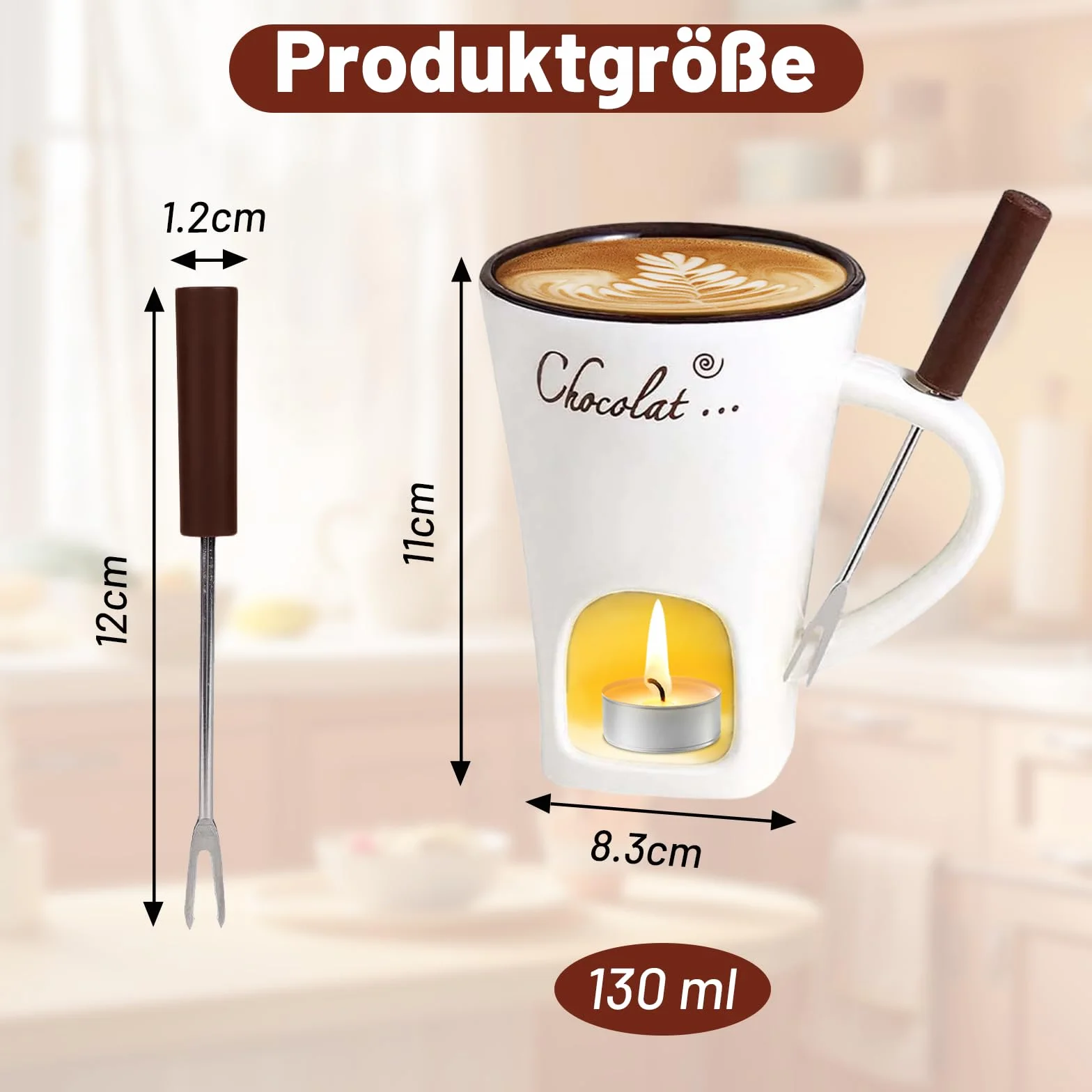 Ceramiczny kubek do fondue czekoladowego 130 ml z widelcem