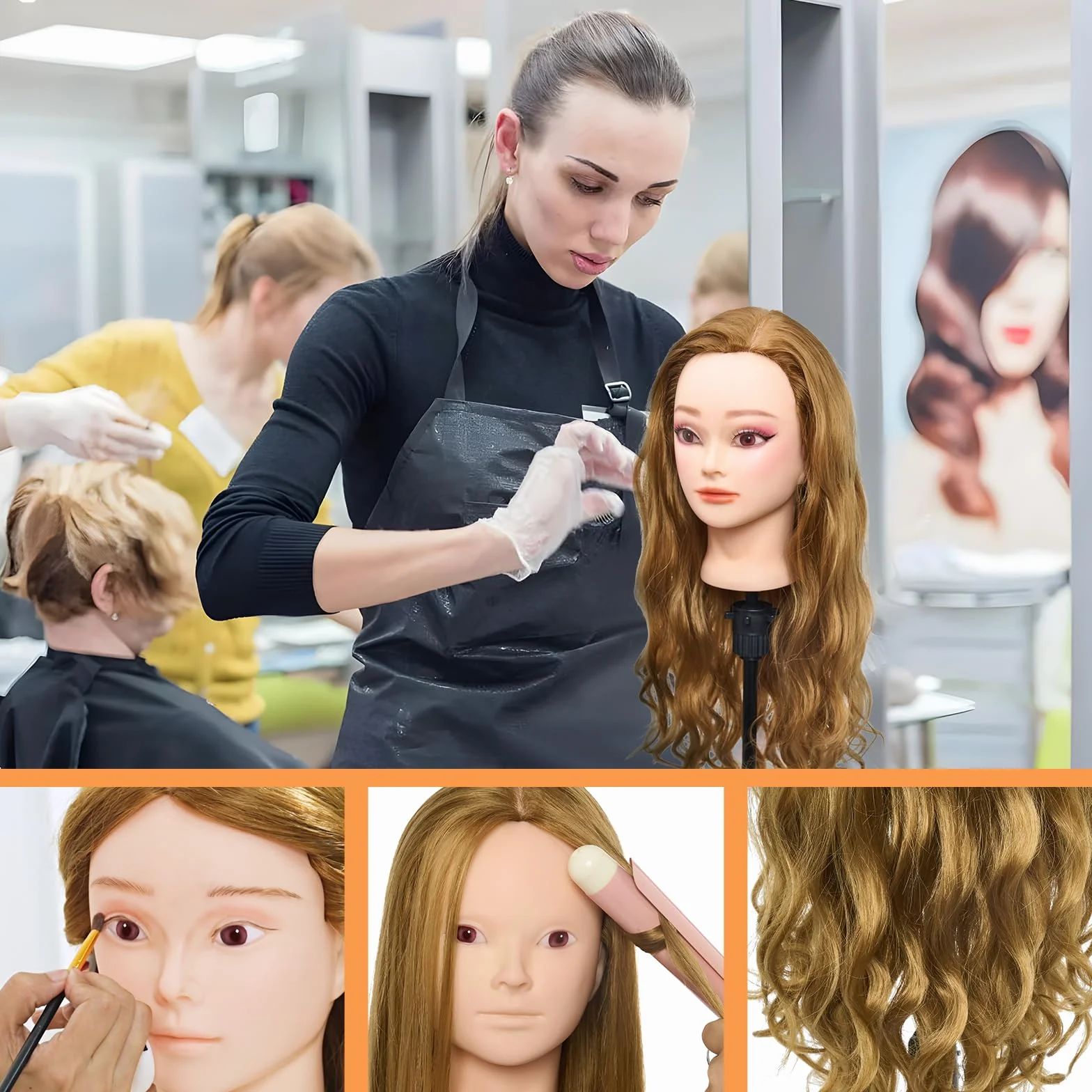 Neverland Głowa treningowa, fryzjerska głowica do stylizacji 61 cm, brązowa, 50% prawdziwe włosy, kosmetologia, fryzjerski, manekin, głowa lalki z funkcją makijażu, zestaw warkoczy, zacisk stołowy