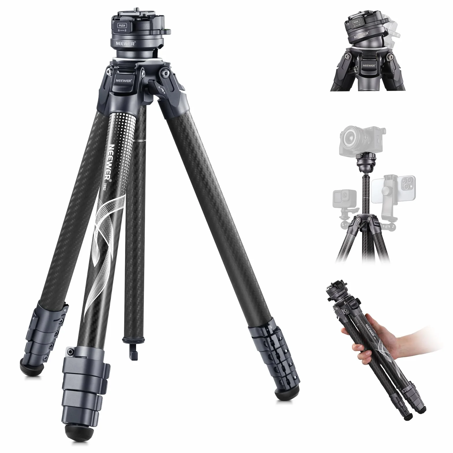 NEEWER LITETRIP LT32 157.5 cm statyw podróżny z włókna węglowego z poziomowaniem ±15°, głowica panoramiczna 360°, odłączana oś środkowa, klamra szybkiego otwierania, płyta Arca QR kompatybilna z Peak