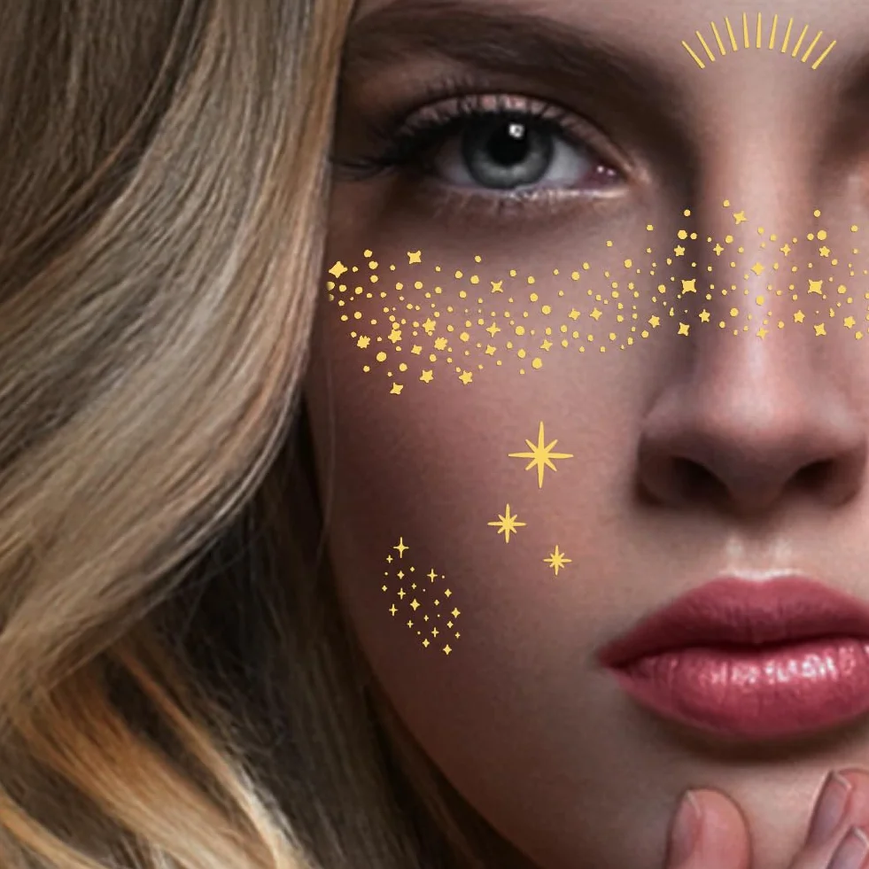 LOPHE Błyszczący tatuaż na twarz z piegami, 12 sztuk folii do tatuażu, złoty brokat, tatuaż na twarz, wodoodporny, złoty, tymczasowy tatuaż na imprezę, festiwal
