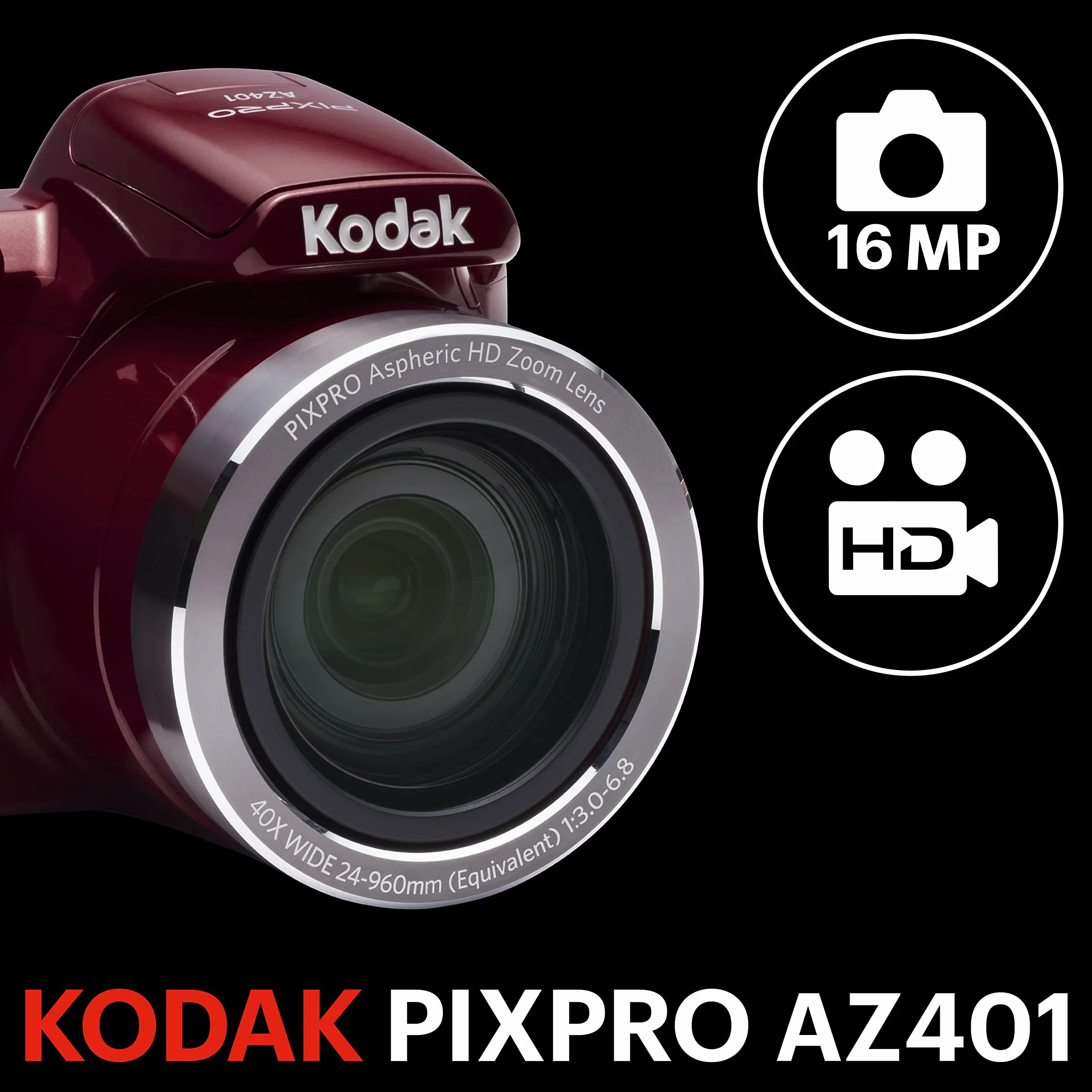 Kodak AZ401 Aparat Mostkowy Astro Zoom 2,3 Cala, Czerwony, 16 MP