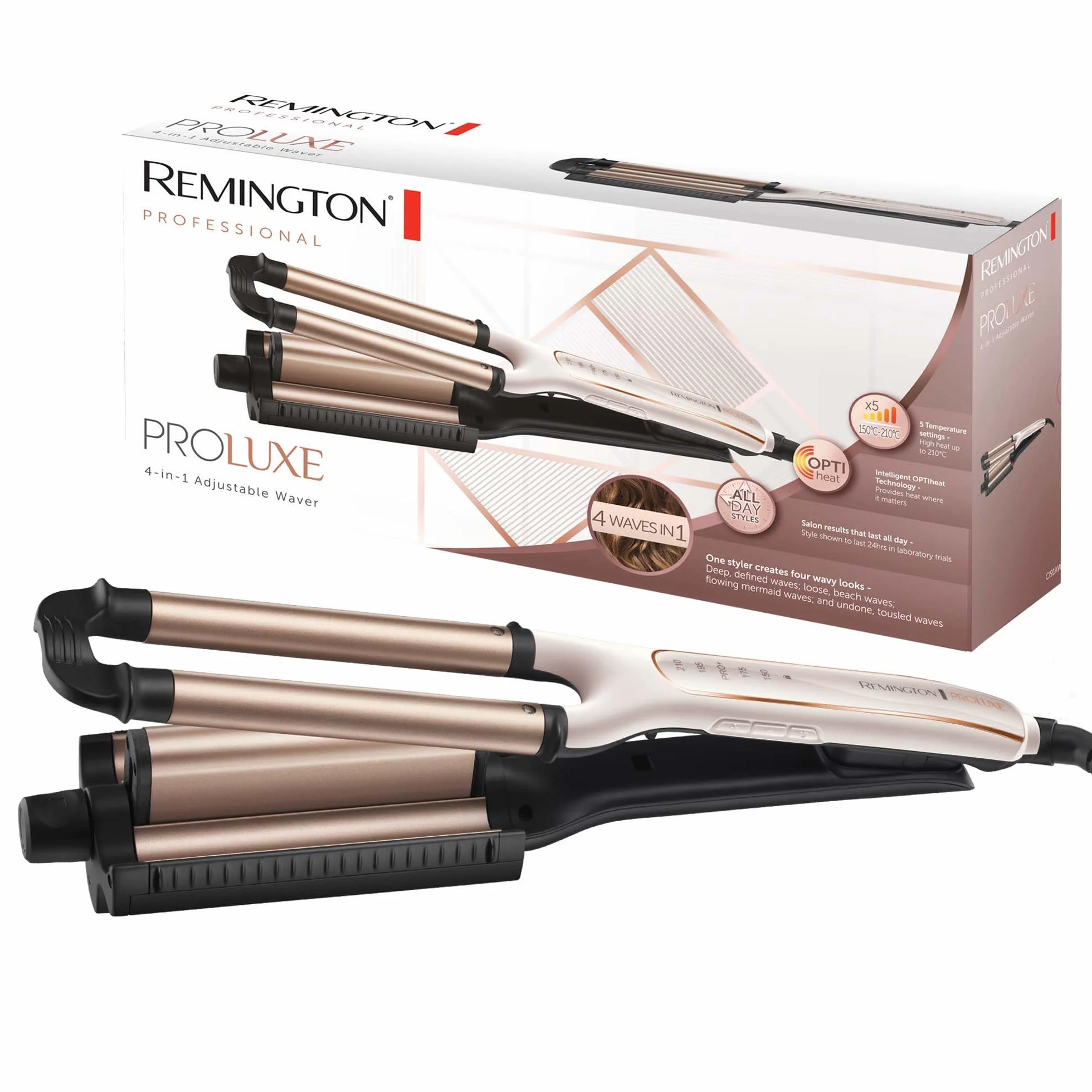 Remington falownica 4w1, inteligentna tech. OptiHeat utrwala fryzurę do 24h, 4 rodzaje fal, ceramiczna, regulacja do 210°C, szybkie nagrzewanie, zimne końcówki, moc 90W, kremowo-złota, PROluxe CI91AW