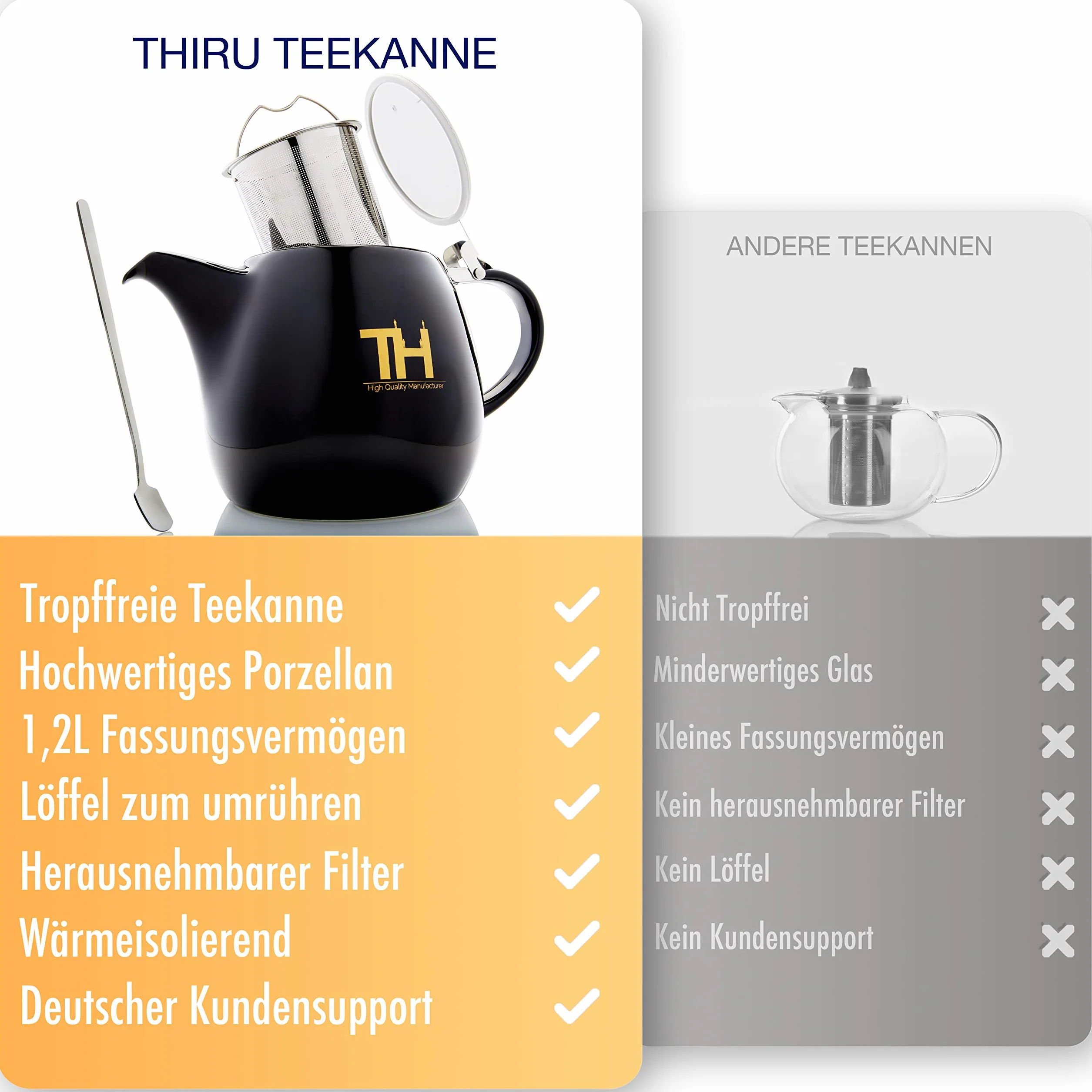 Thiru Design dzbanek do herbaty z wkładem cedzakowym ze stali nierdzewnej 1,2L - Ręcznie robiona ekskluzywna dzbanka do herbaty z porcelany - nowa pokrywka - wkład cedzakowy można usunąć - model 2023