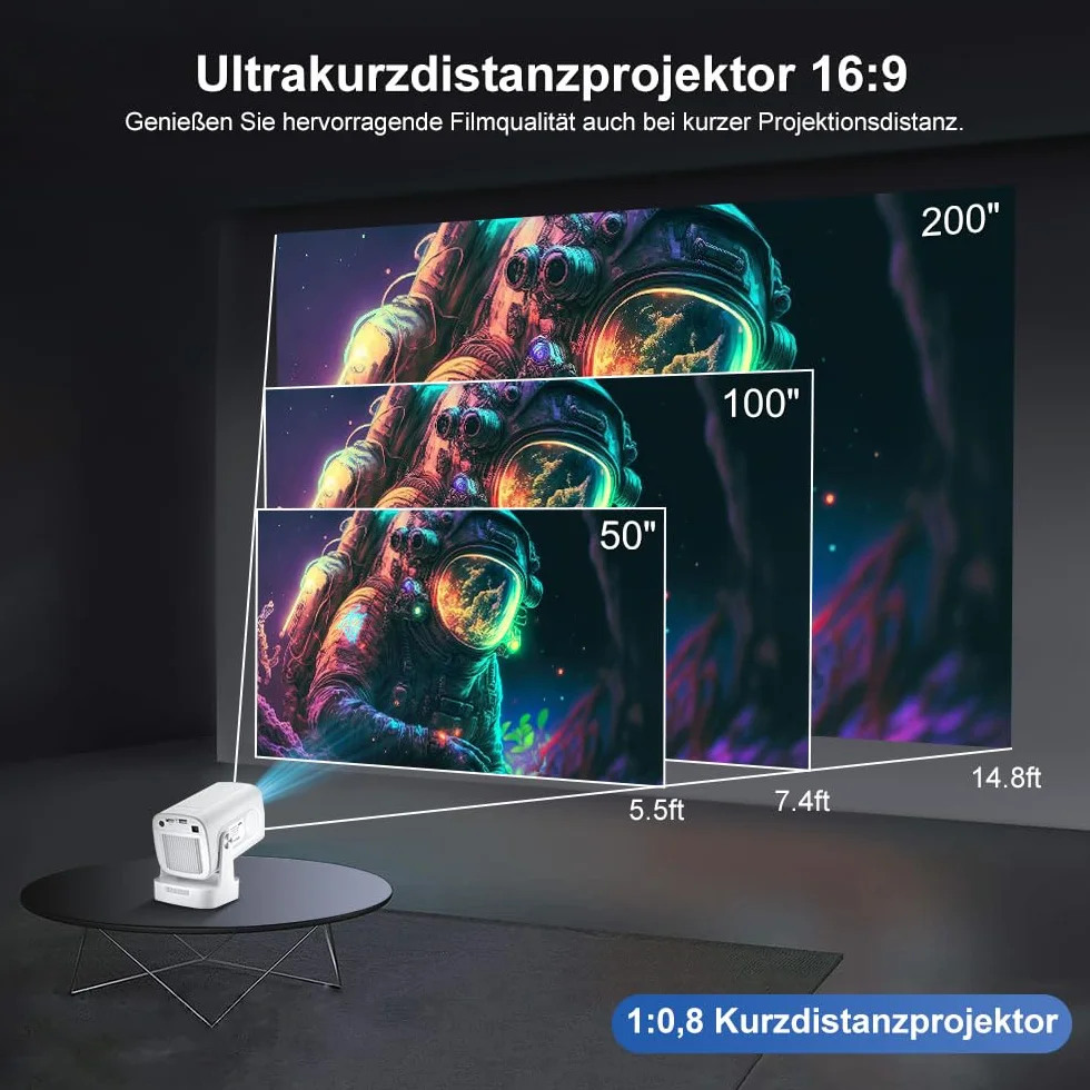 HY260pro Inteligentny Projektor 4K, Mini Projektor z WiFi 6 Bluetooth 5.4, 1080p Full HD, Przenośny Projektor z Systemem Android 14.0, Obrót o 270°, Do Sypialni, na Zewnątrz