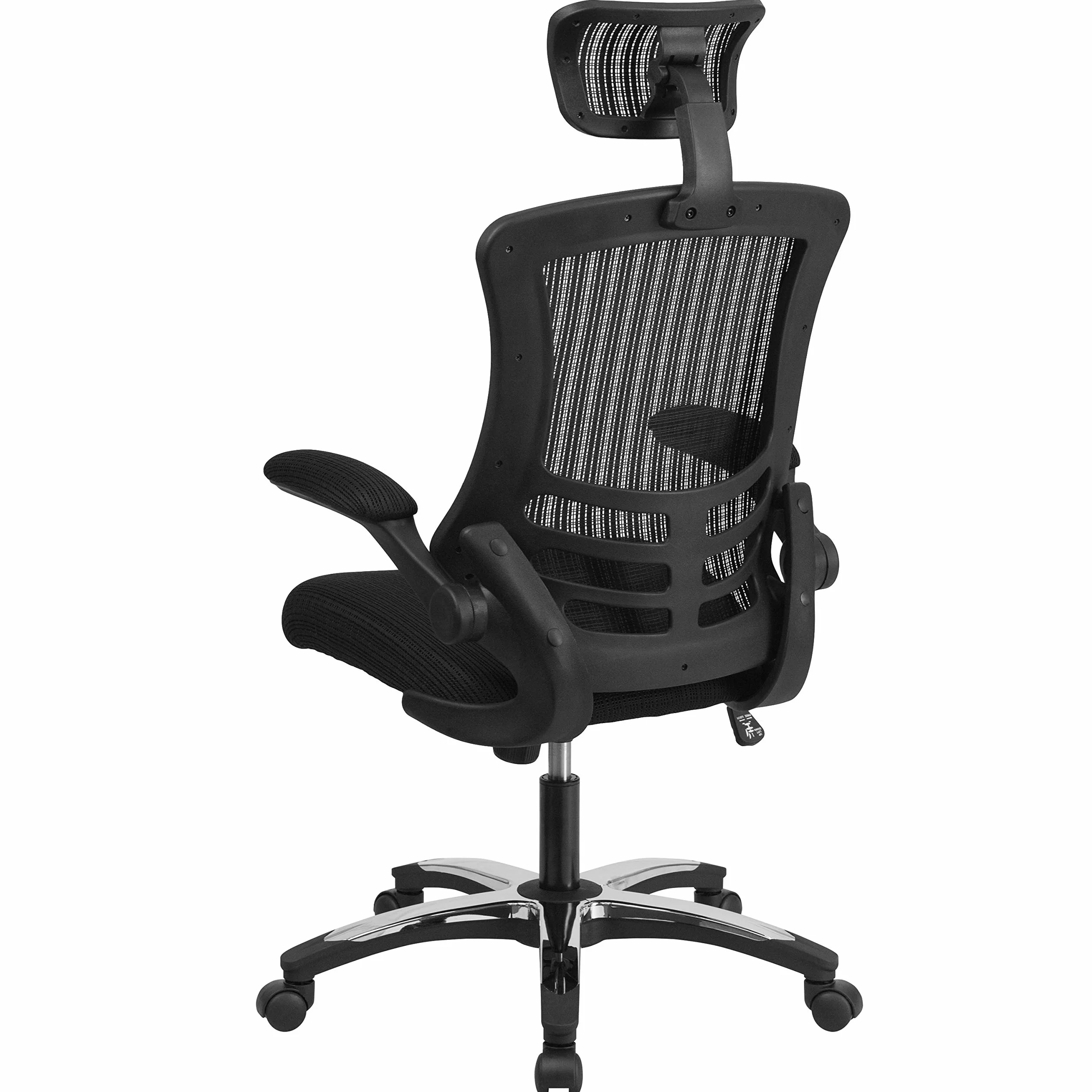 Ergonomiczne, obrotowe krzesło biurowe z wysokim oparciem z siatki, podnoszonymi podłokietnikami i regulowanym zagłówkiem (czarne)