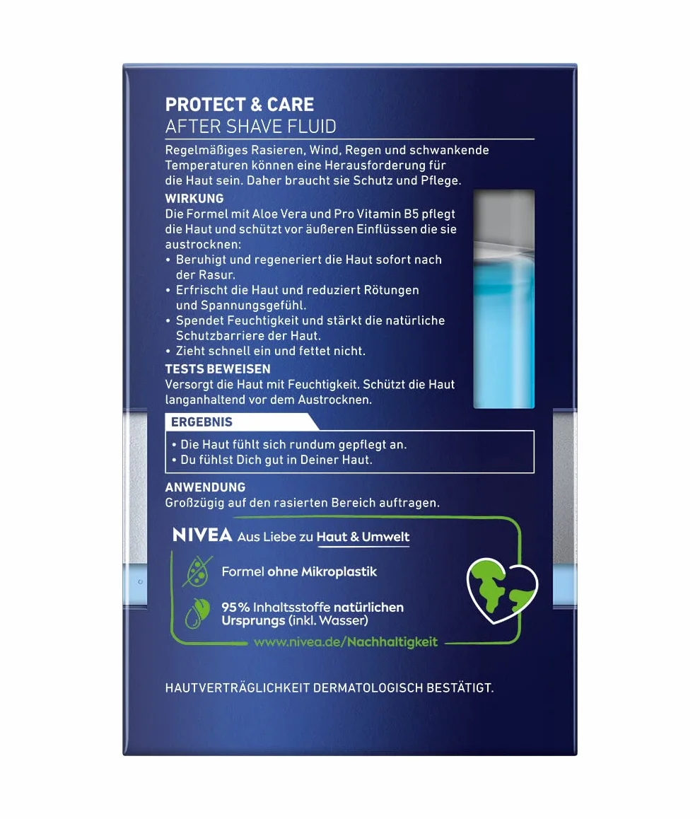 NIVEA Men Protect & Care After Shave Fluid (100 ml), uspokajający płyn po goleniu dla mężczyzn, pielęgnacja skóry po goleniu z aloesem i witaminą Pro B5