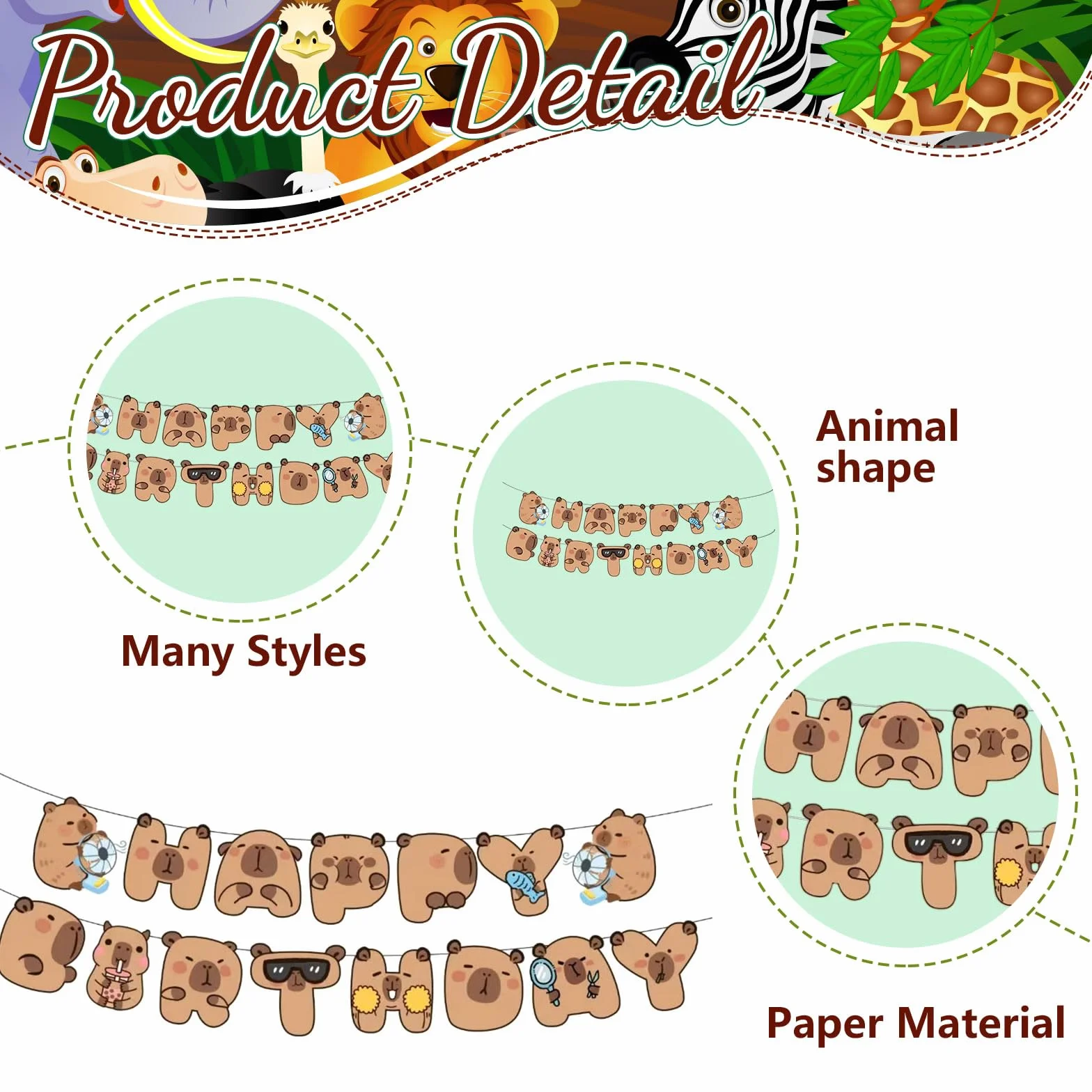 Goiern Happy Capybara dekoracje urodzinowe baner 8 papierowych kartek z kokardkami