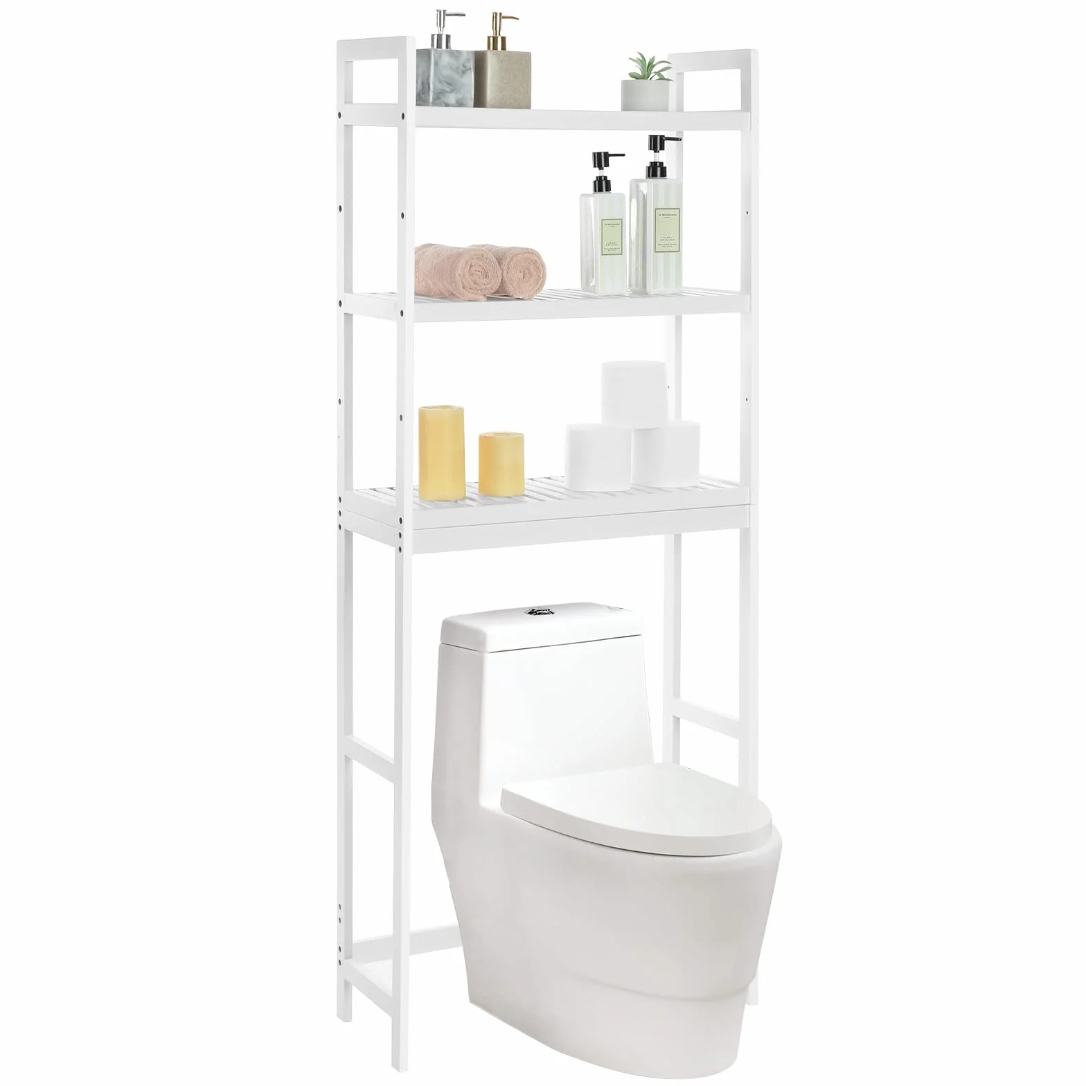 SONGMICS Szafka WC, półka pod toaletę, 3-poziomowy bambusowy stojak do przechowywania, organizer łazienkowy, z regulowanymi półkami, nośność 15 kg/poziom, łatwy montaż, biały BTS01WT