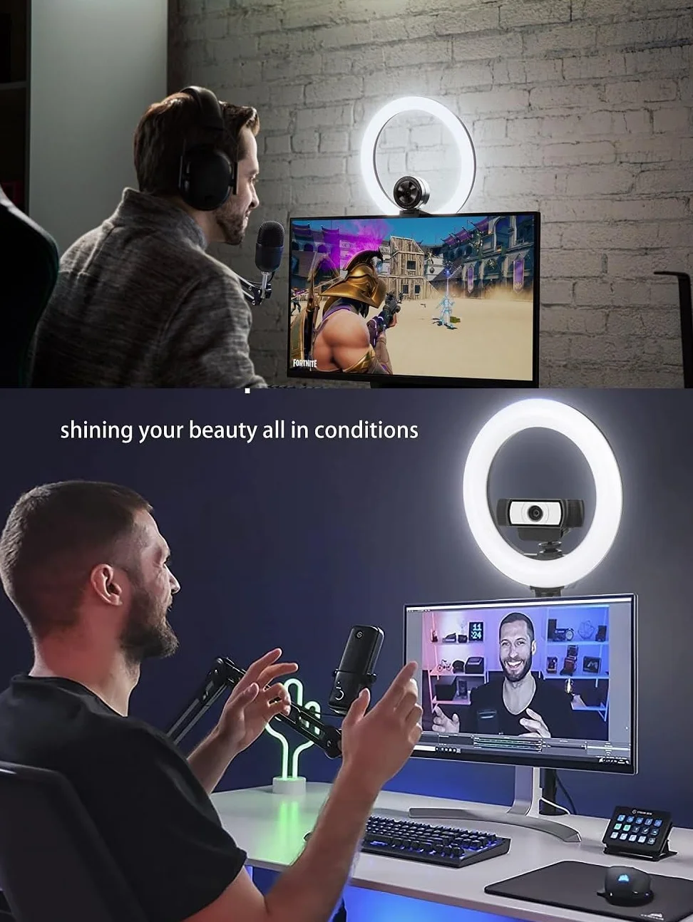 Facecam Webcam Ring Light Stand, składane ramię 61 cm i lampa do selfie 26 cm z haczykiem na słuchawki kompatybilny z kamerami internetowymi Elgato Facecam, Facecam pro