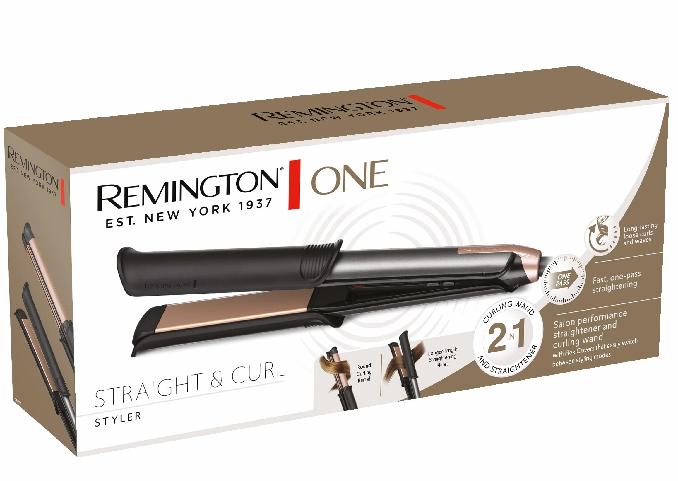 Remington prostownica do włosów i lokówka (2w1), łatwe przełączanie trybu prostowania/kręcenia dzięki nakładką FlexiCovers, temp. 150-230°C, wyświetlacz cyfrowy, ONE Straight & Curl Styler S6077