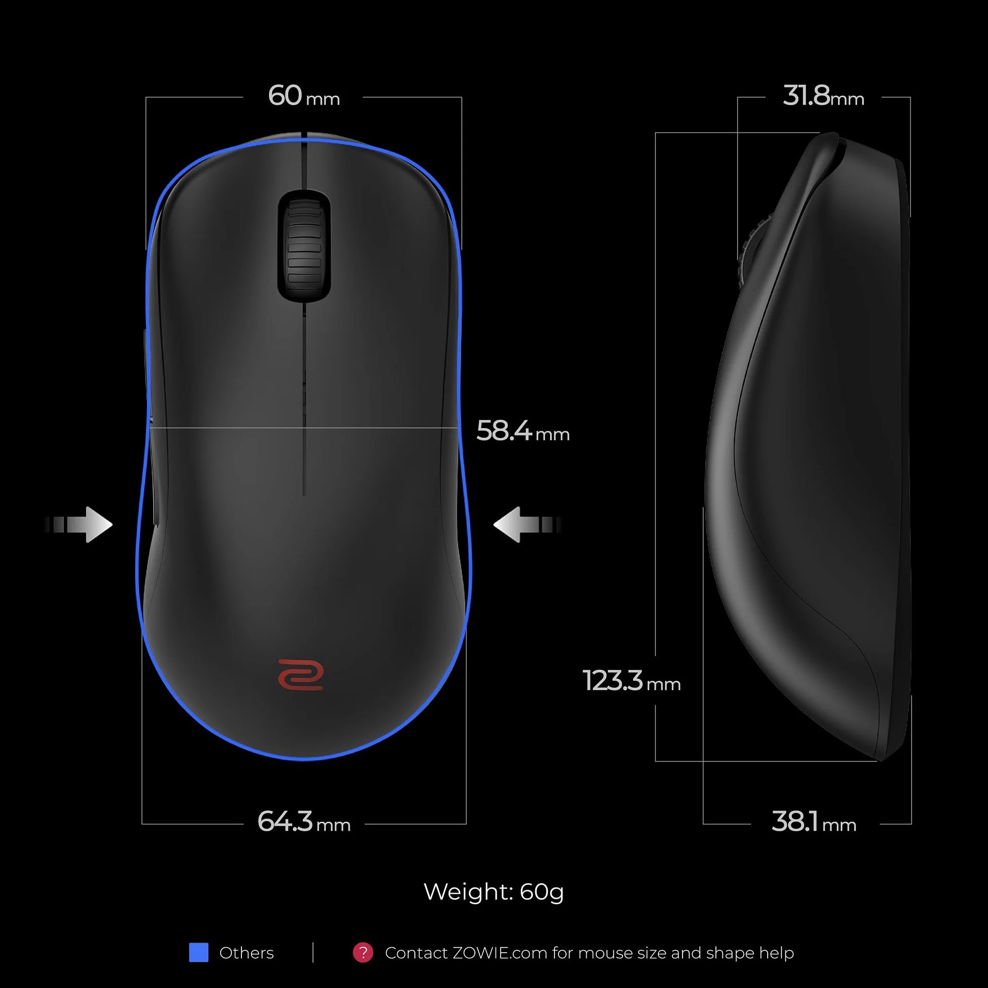 BenQ ZOWIE U2-DW bezprzewodowa mysz eSports 4K | nauka o sporcie | ulepszony odbiornik 4K | 60 g | symetryczny | bez sterownika | czujnik 3950 | wskaźnik odpytywania 4K