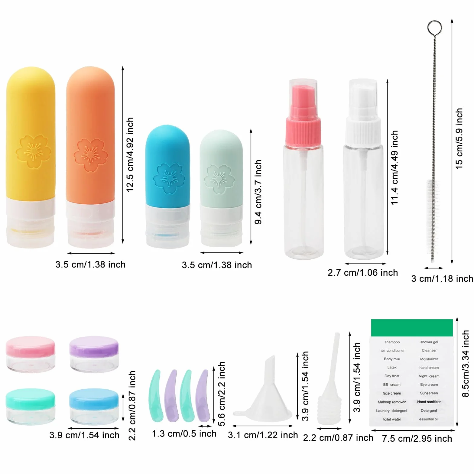 Zestaw 17 silikonowych butelek podróżnych z etykietami, 90 ml, zatwierdzone przez FDA pojemniki podróżne z motywem begonii, zestaw podróżny do napełniania, zestaw podróżny do szamponu, balsamu