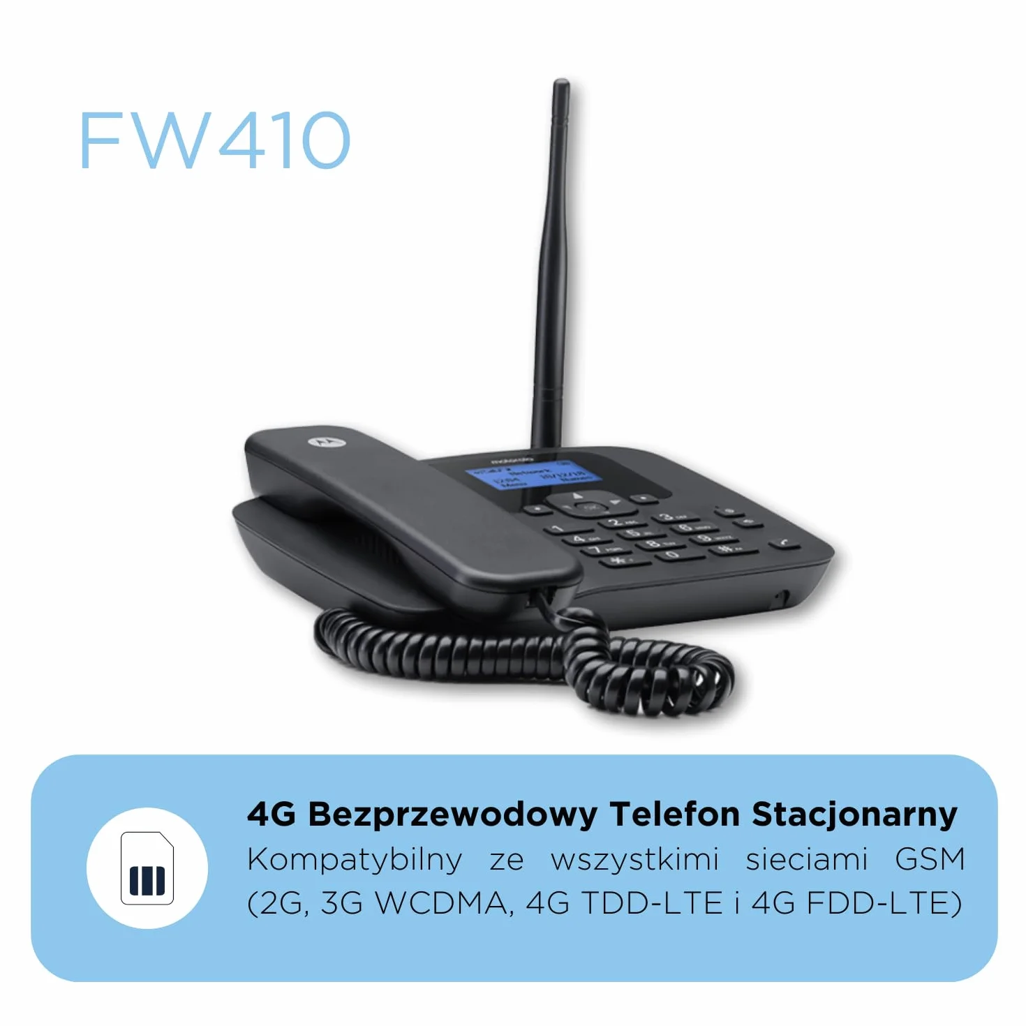 Motorola Voice - FW410L 4G Telefon stacjonarny bezprzewodowy, punkt dostępu Wi-Fi, karta SIM, zapasowa bateria, tryb głośnomówiący, czterozakresowy GSM, przekierowywanie połączeń