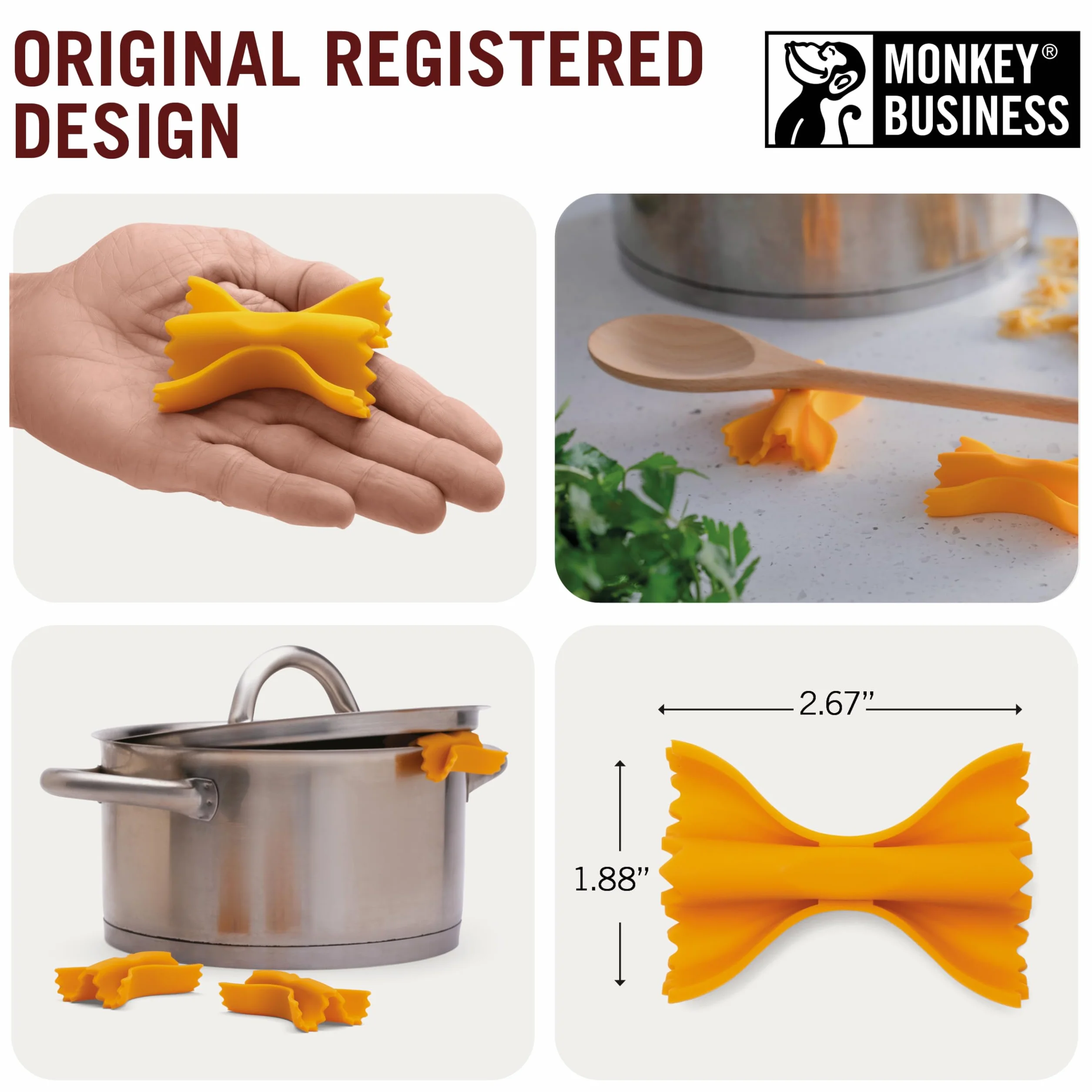 Nowość – Monkey Business Farfalle – silikonowy podnośnik do garnków 3 w 1, urocza podpórka na łyżki i stojak do makaronu do małych garnków, wielofunkcyjne akcesoria kuchenne w stylu makaronu Farfalle