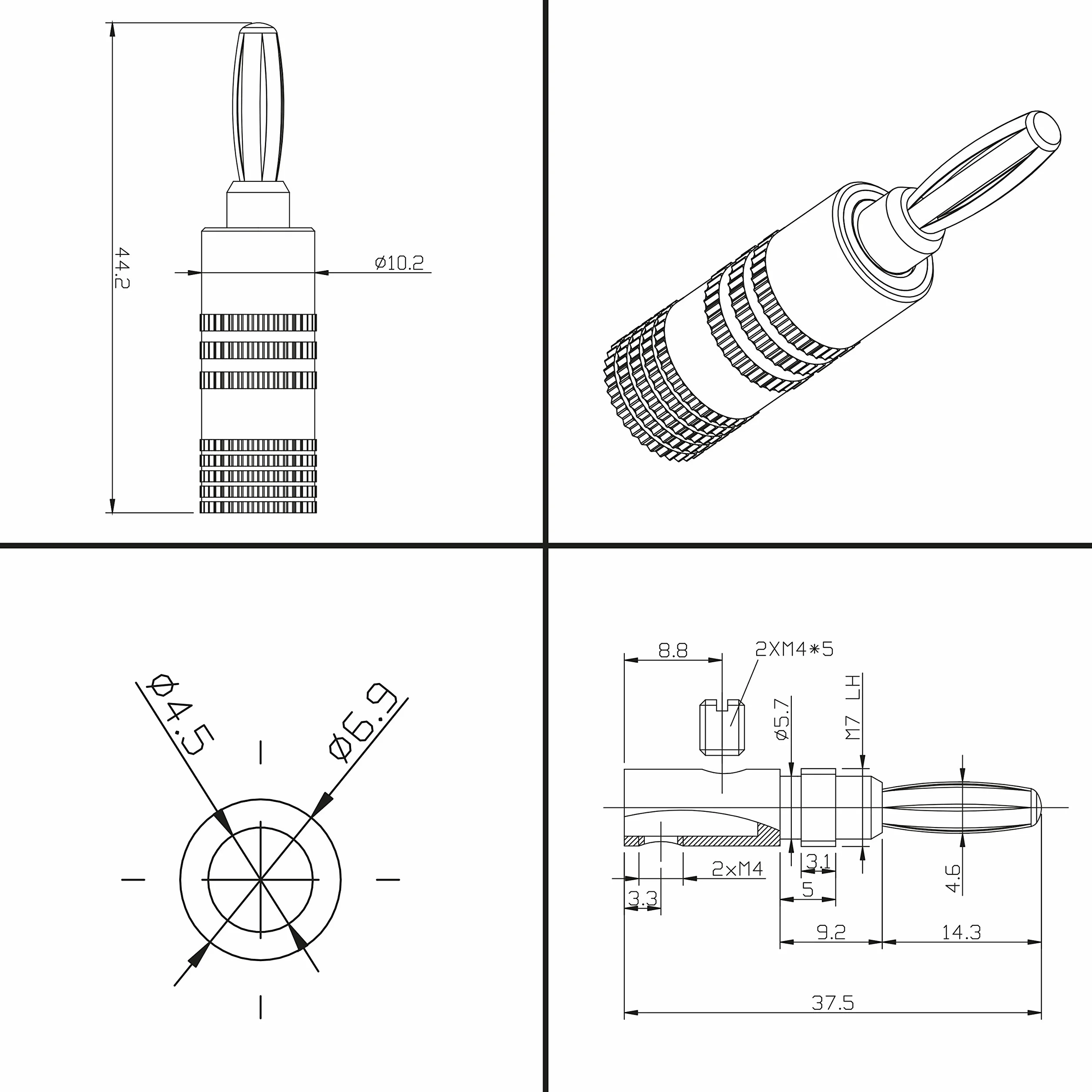 Poppstar 4 wtyki bananowe Hi-End (do 4mm² z połączeniem śrubowym, lutowane do 6 mm², pozłacane styki 24k, obudowa aluminiowa, 2 czarne, 2 czerwone)