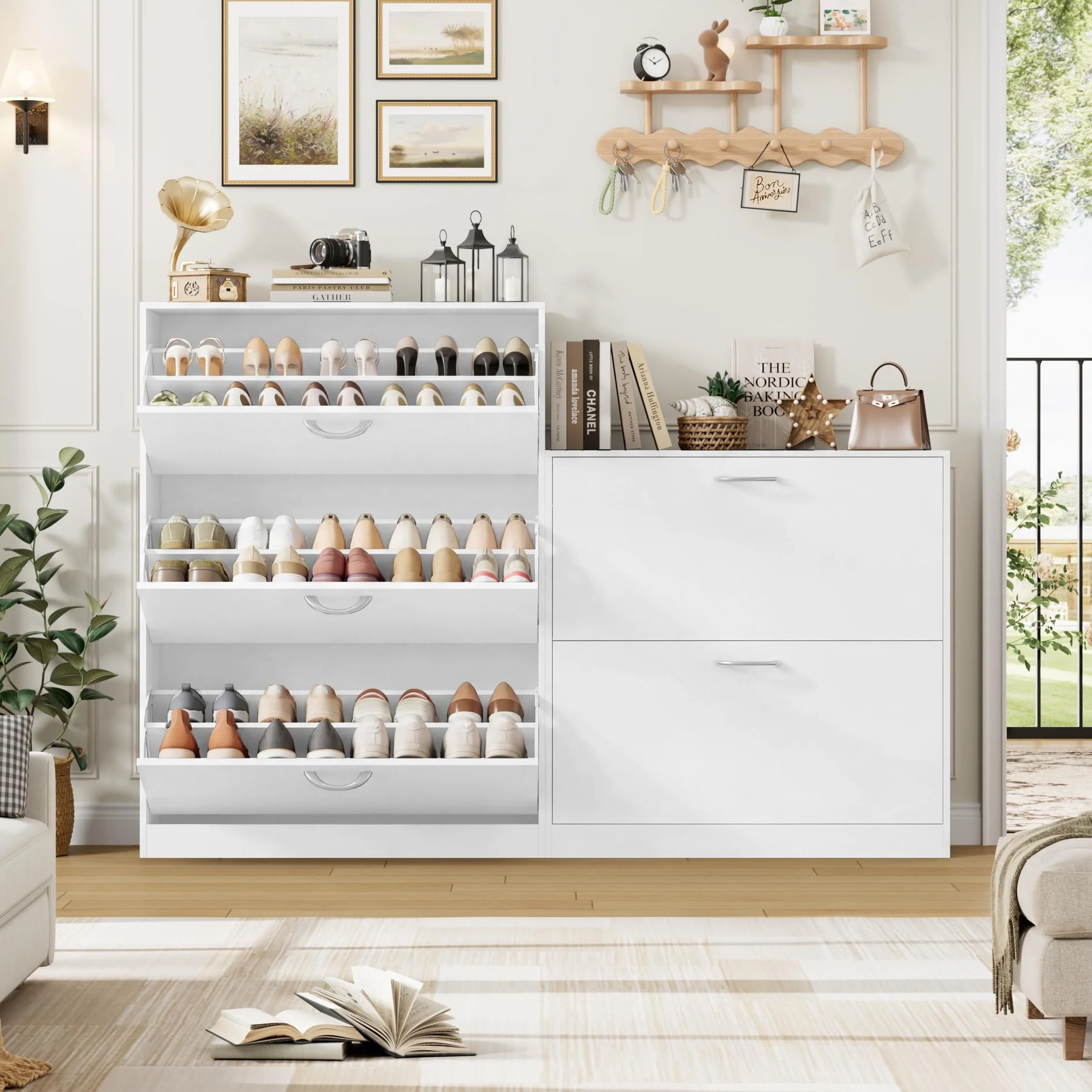 FirFurd Szafka na buty, wąska, biała, uchylna szafka na buty z 3 składanymi szufladami, regał na buty, nie zajmuje dużo miejsca, na 12-24 pary, wysoka komoda na buty do przedpokoju, przedpokoju