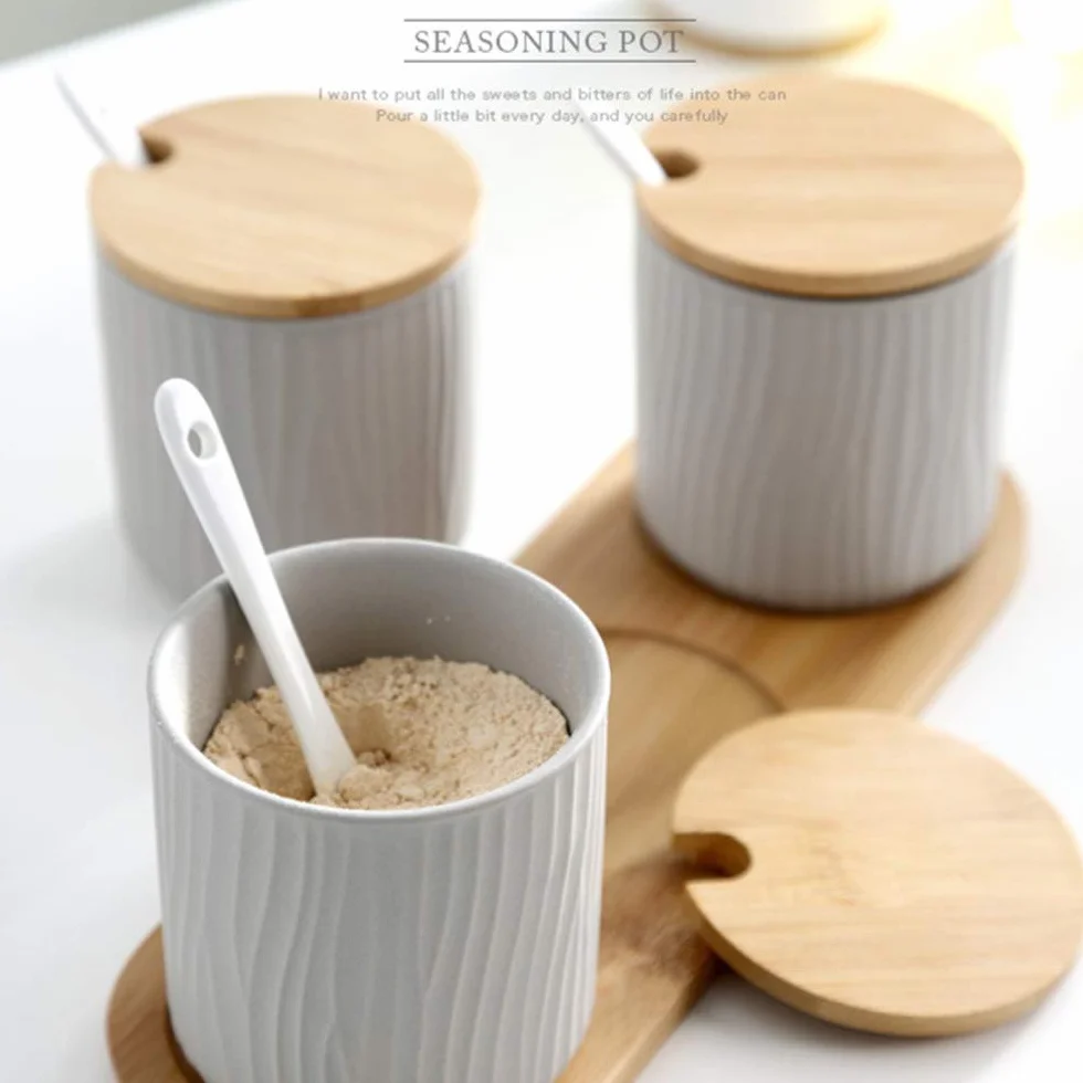 Zestaw 2 ceramicznych pojemników na przyprawy, cukiernica, miska na cukier z łyżeczką i bambusową pokrywką, na herbatę, cukier, sól, przyprawy, do domu i kuchni