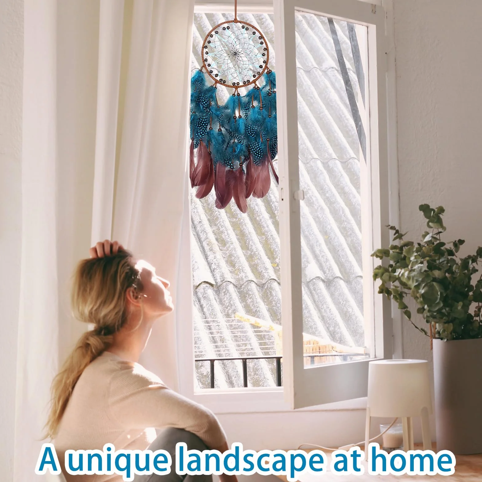 Łapacz snów, mały, ręcznie wykonany łapacz snów z piórami w stylu czeskim, zestaw do majsterkowania, łapacz snów do sypialni, ozdoba na ścianę, ornamenty samochodowe, rękodzieło (granatowy)