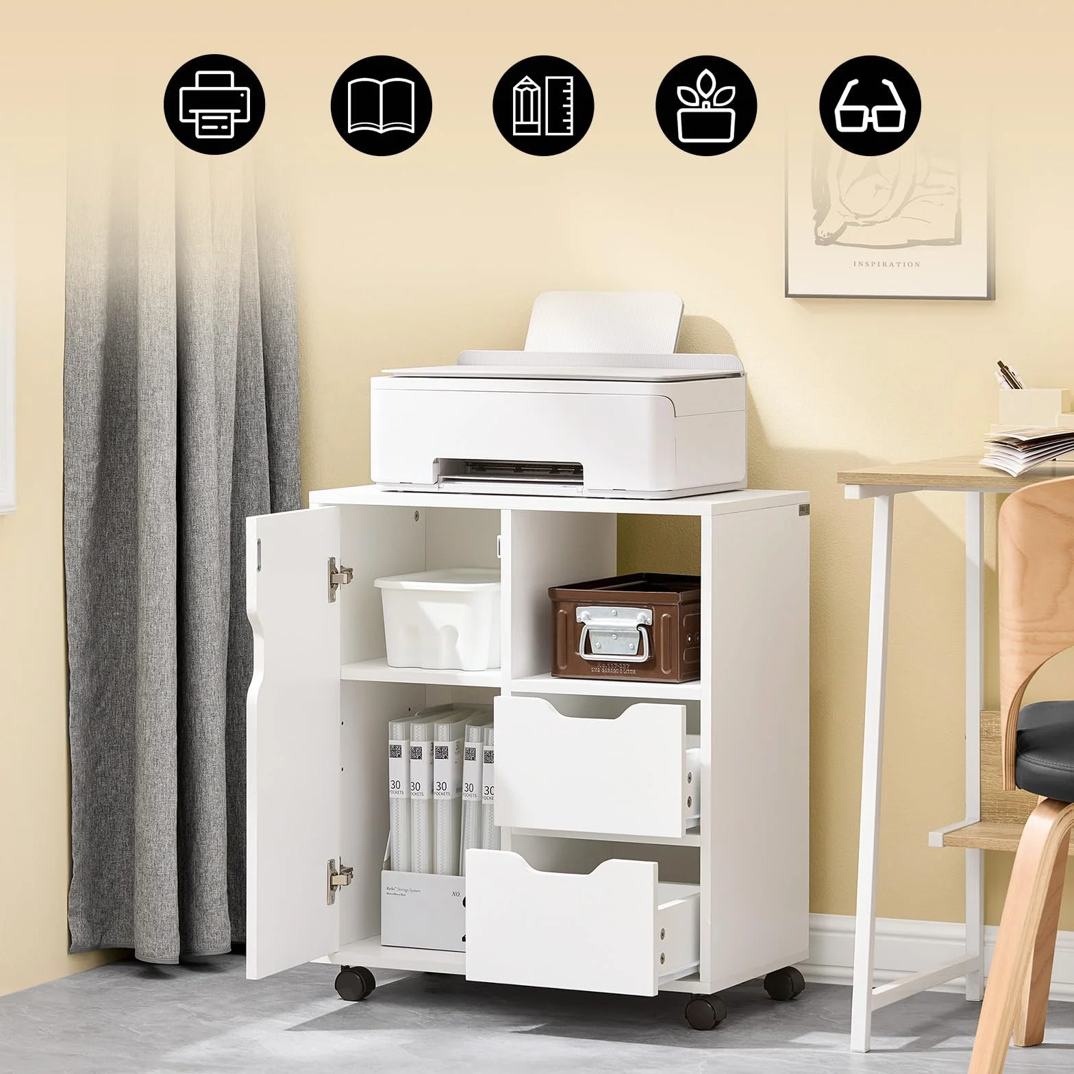 SoBuy Szafka na Drukarkę 2 Szuflady 1 Drzwi Mobilna na Kółkach Biała 60x35x70 cm FBT105-W