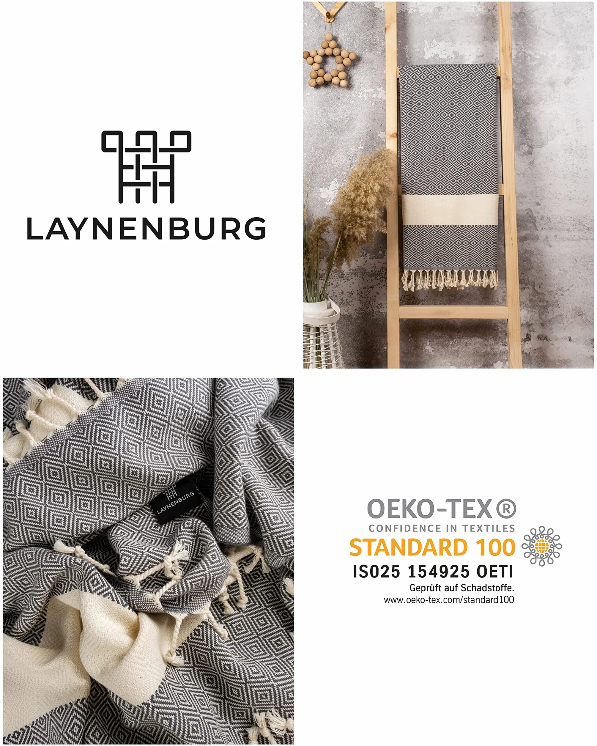 Ręcznik hammam LAYNENBURG 100% bawełna 95x180 cm Oeko Tex 100 wzór karo antracytowy