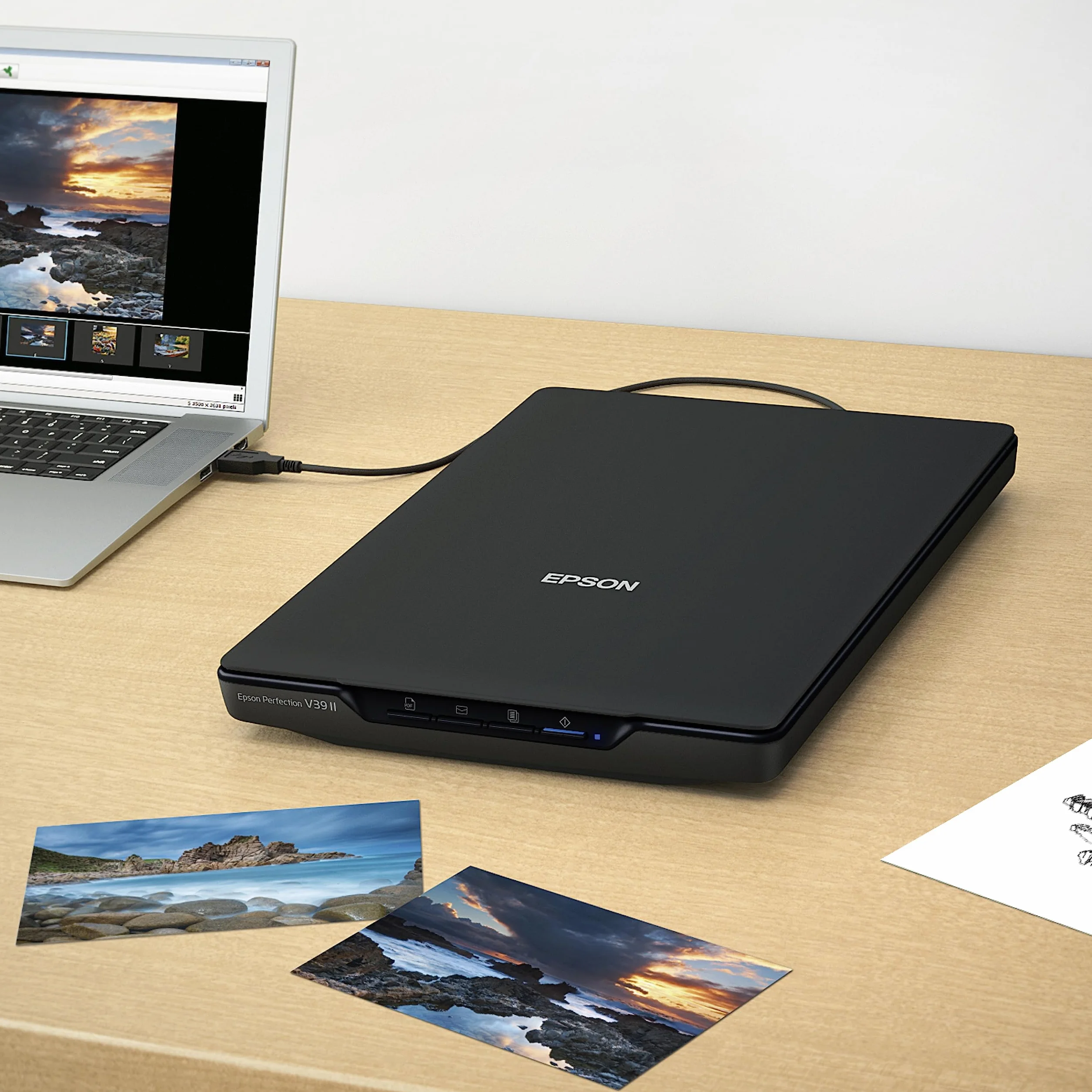 Epson Perfection V39 II kolorowy skaner płaski do zdjęć i dokumentów o rozdzielczości optycznej 4800 dpi, skanowanie do chmury, zasilanie USB i wysoki stan, zdejmowana pokrywa