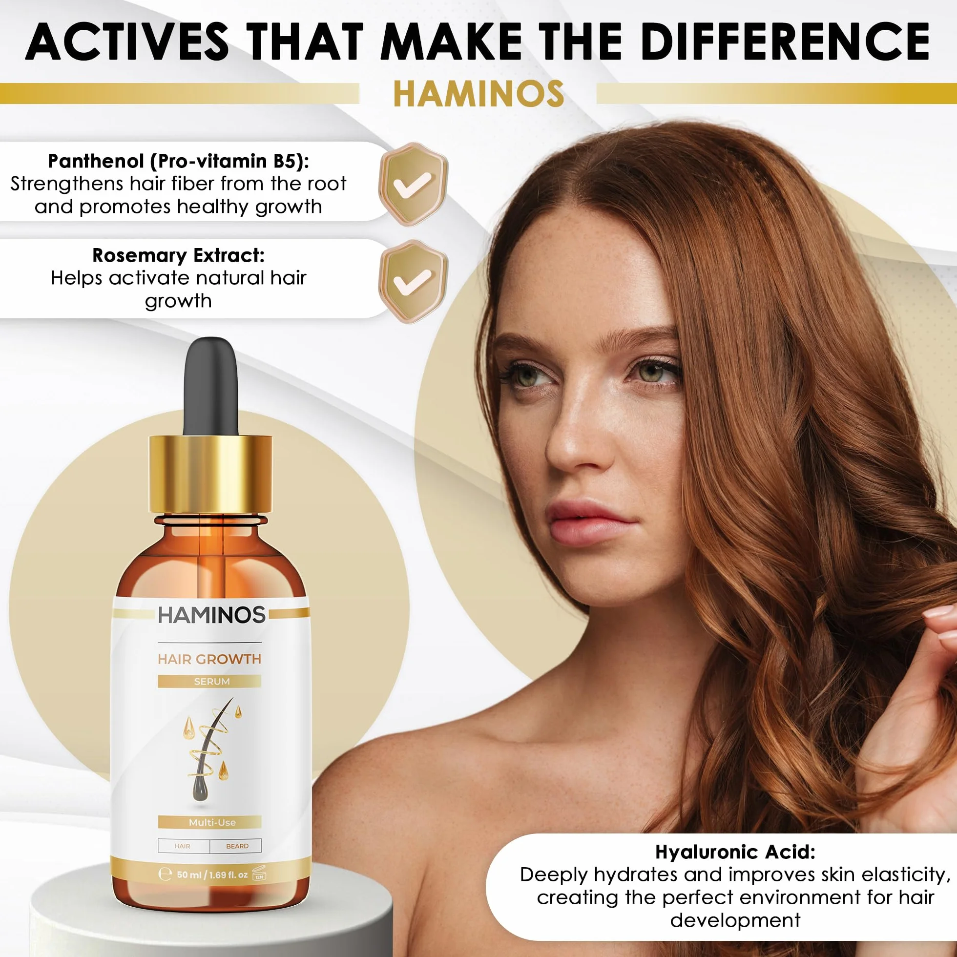 HAMINOS Serum na Porost Włosów 50 ml – Pobudza i Wzmacnia z Rozmarynem, Żeń-Szeniem, Imbirem i Peptydami – Przeciw Wypadaniu i Dla Kobiet i Mężczyzn