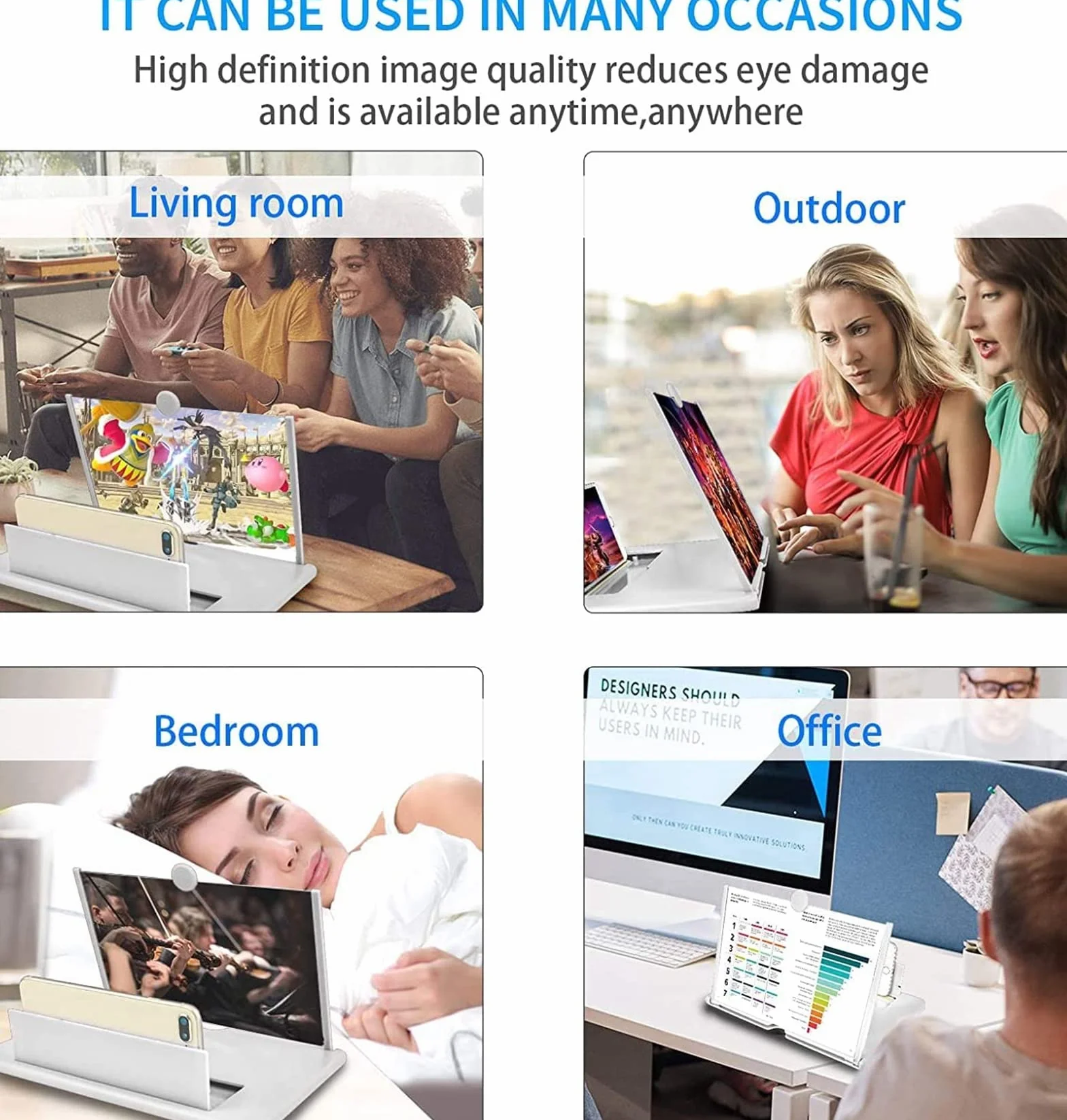 Lupa ekranu 30.0 cm, projektor powiększający do telefonu komórkowego HD, obracająca się konstrukcja 3D, ochrona oczu, kompatybilny z większością smartfonów i tabletów (biały)