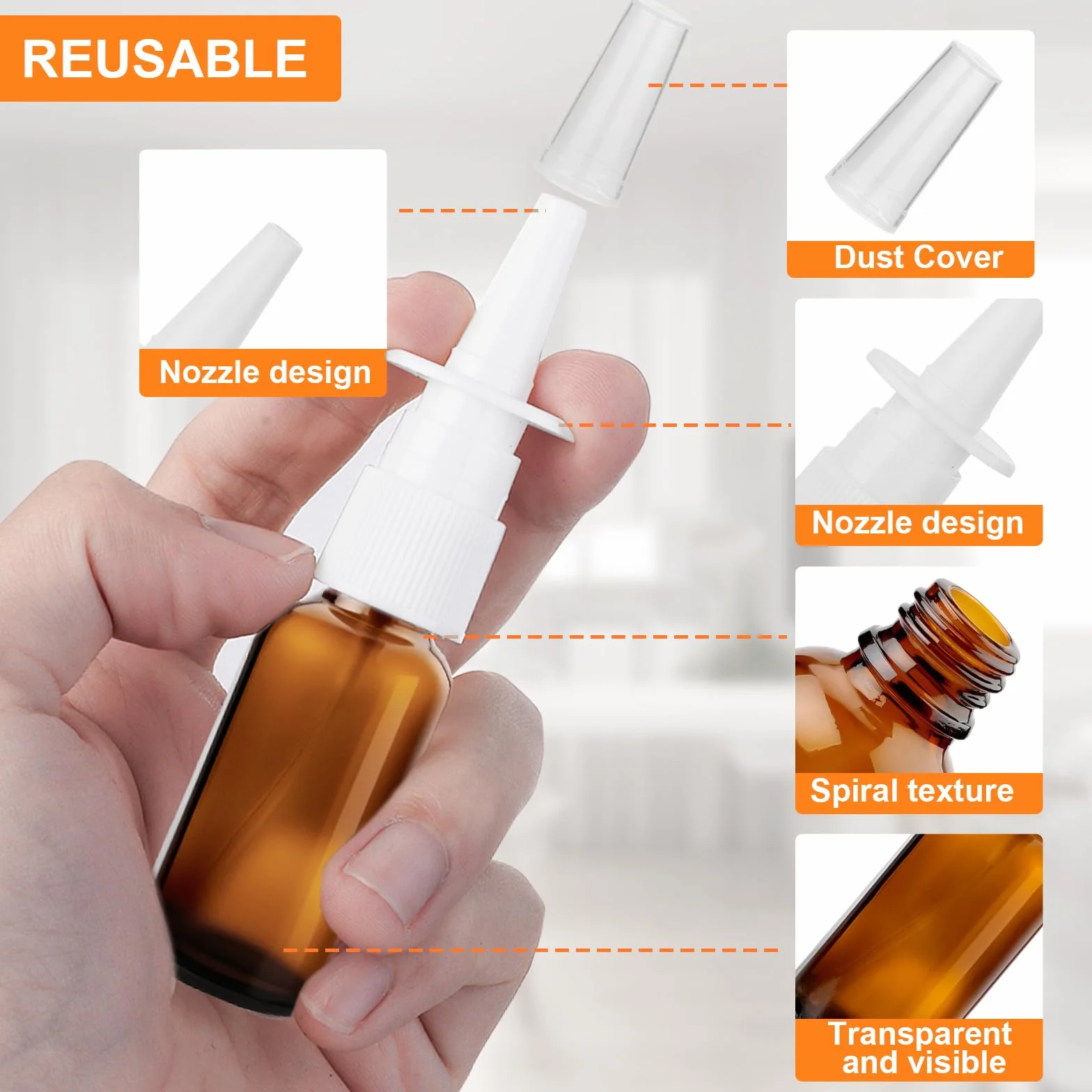 5 sztuk 30 ml butelka z aerozolem do nosa, pusta, szklana, butelka z rozpylaczem do nosa, wielokrotnego użytku, do ponownego napełniania, kolor brązowy