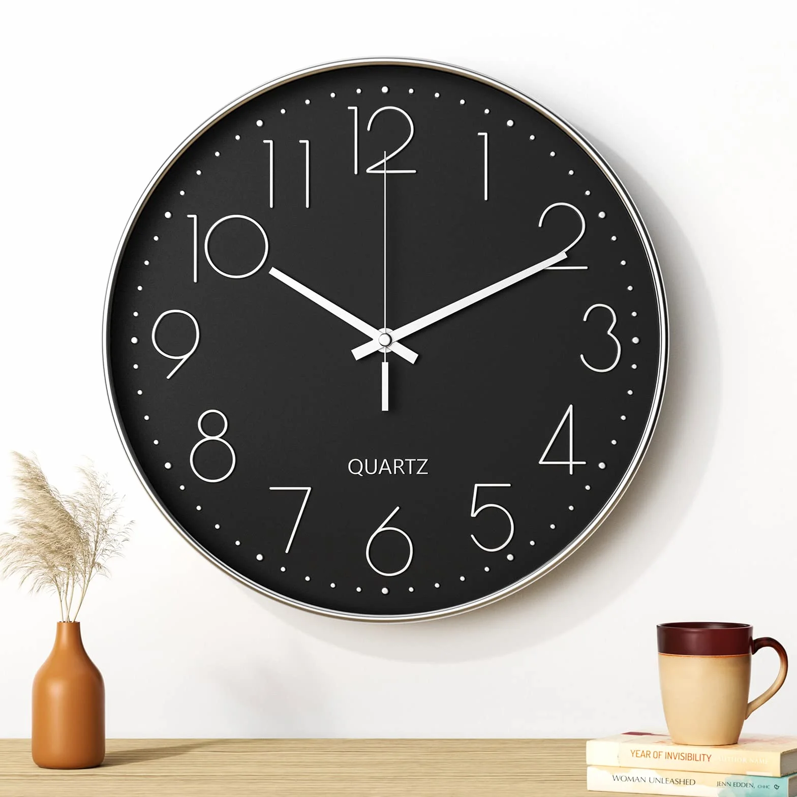 Uootach Zegar ścienny, nowoczesny 30 cm (12 cali) cichy zegar ścienny, mechanizm kwarcowy, nowoczesny minimalistyczny design czarny, do salonu, kuchni, biura, sypialni (srebrny znak)