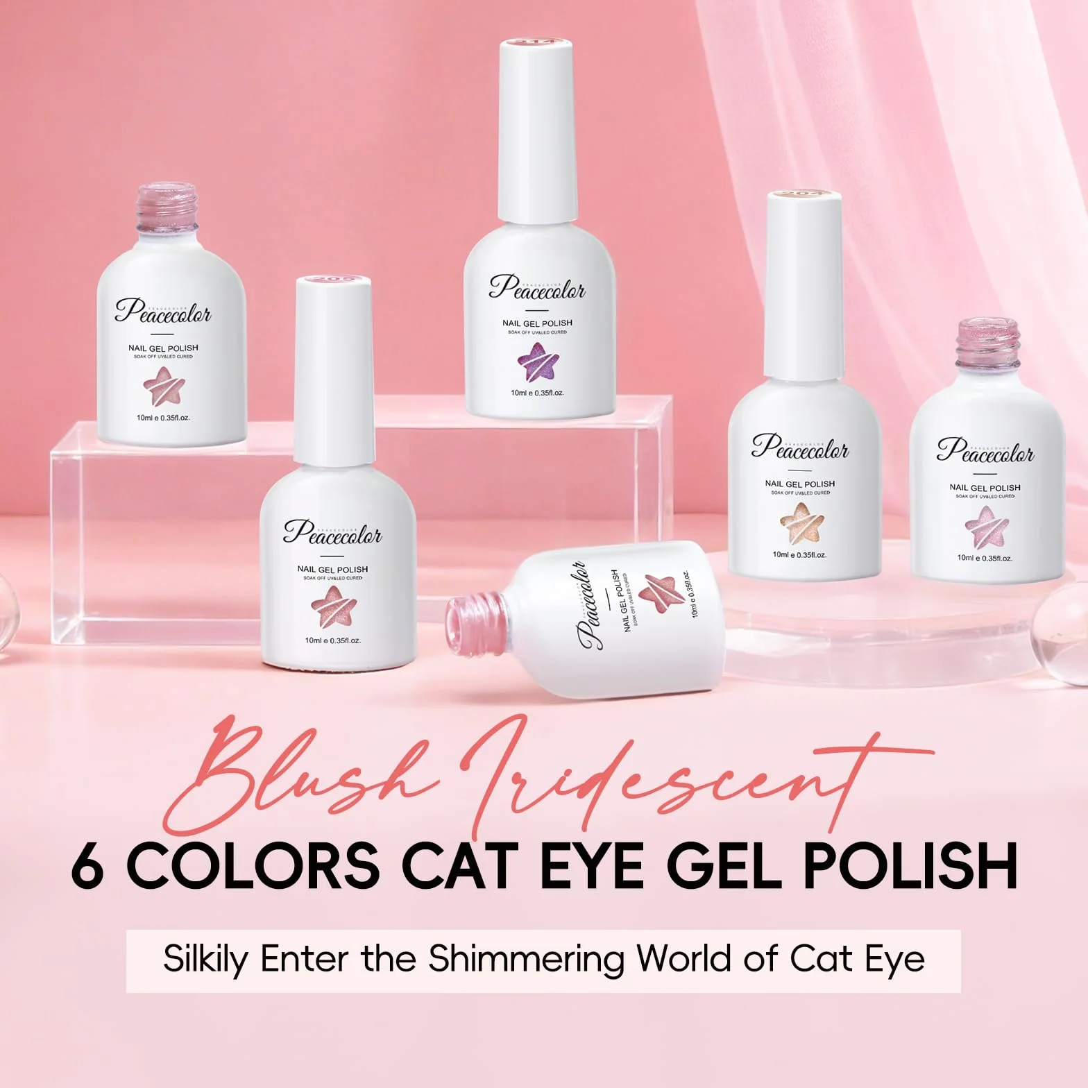 PEACECOLOR Lakier do paznokci UV Cat Eye, 6 szt. 10 ml Różowy lakier żelowy z magnesem Soak Off Cat Eye Gel, Nail Art Manicure Salon DIY