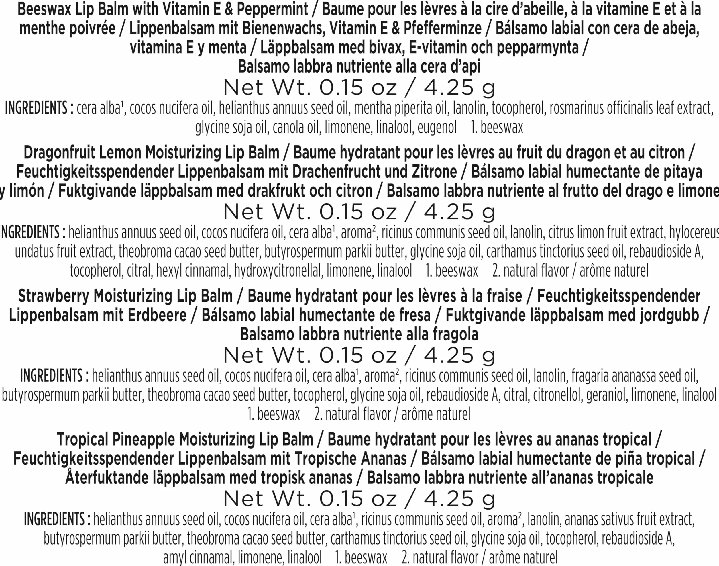 Burt's Bees Balsam do ust, wosk pszczeli, truskawka, tropikalny ananas, smoczy owoc cytryny, w pełnym rozkwicie, 4 x 4,25 g
