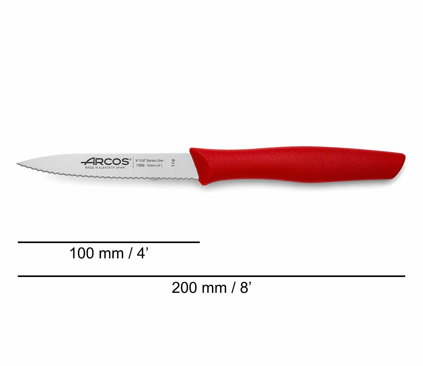 Arcos 188612 Nova-Paring nóż ząbkowane ostrze Nitrum stal nierdzewna 100 mm uchwyt polipropylenowy czerwony 18/8