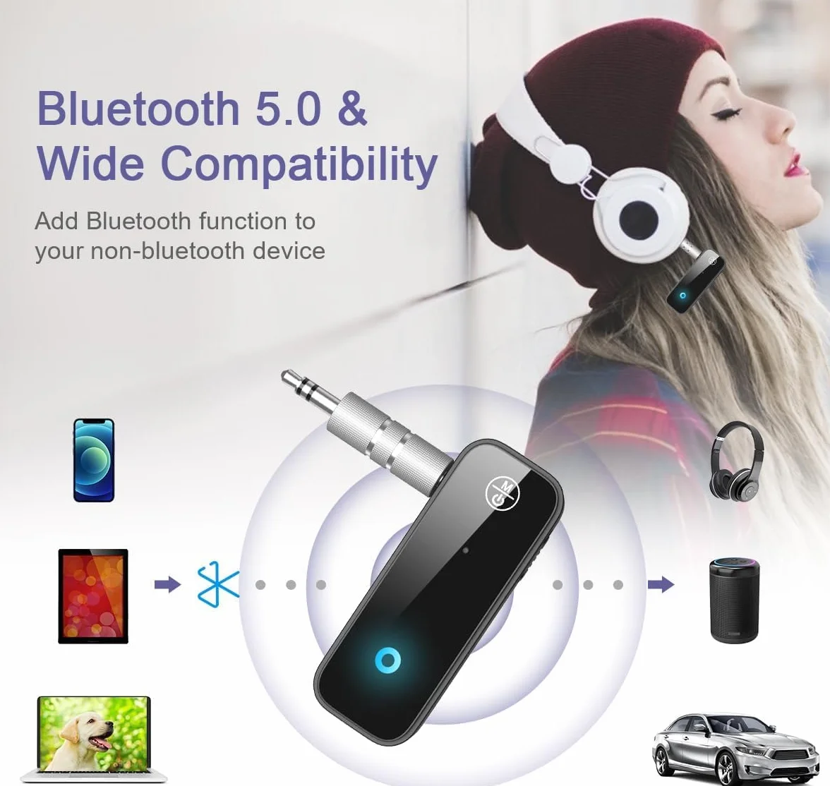 Nadajnik i odbiornik Bluetooth 5.0, bezprzewodowy adapter Bluetooth 2 w 1, 3,5 mm mini bezprzewodowe adapter audio Bluetooth z niskim opóźnieniem, wtyczką i odtwarzaniem dla domu telewizyjnego